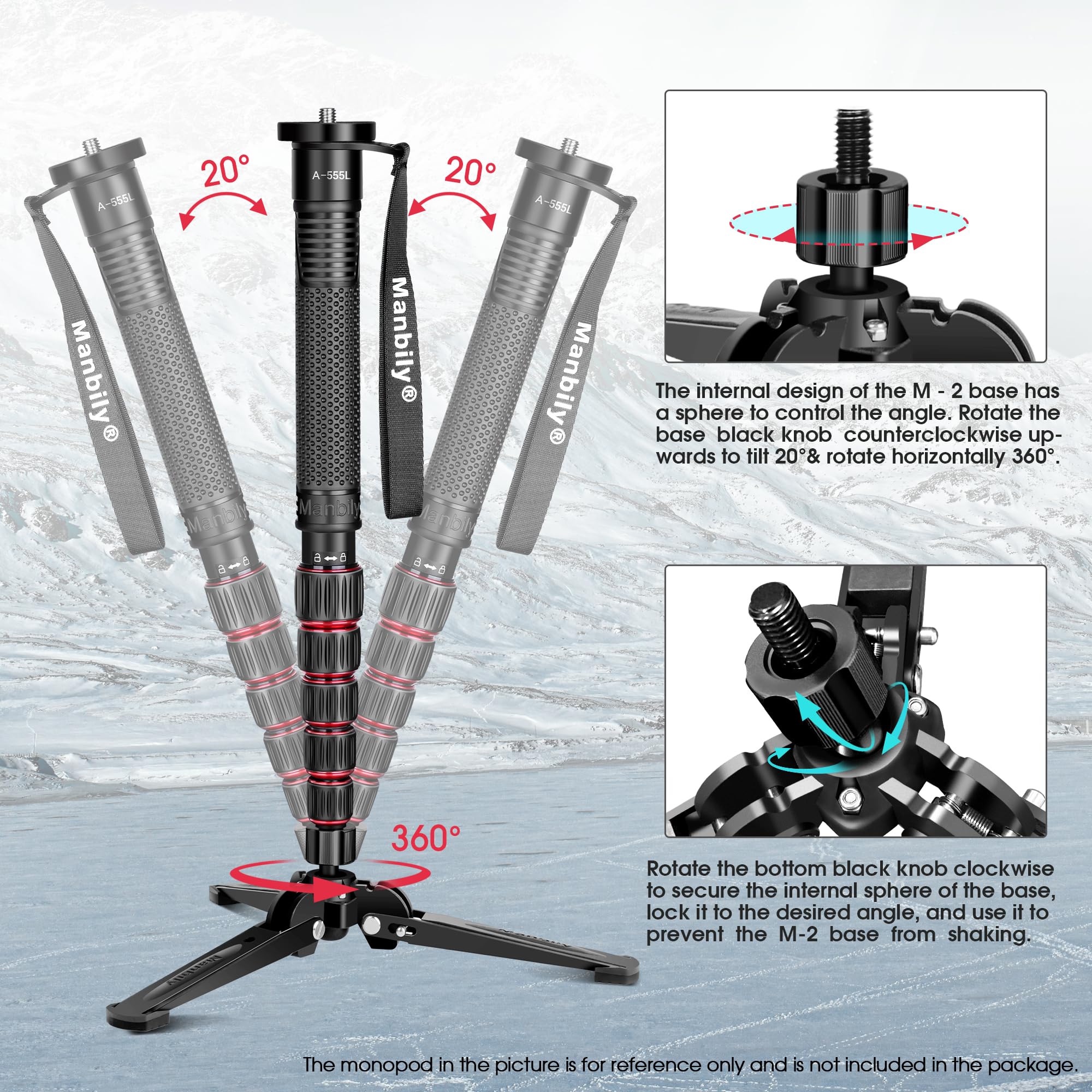 Manbily M-2 Mini-Stativfuß für Einbeinstativ 3/8 Zoll Desktop Stativ Basis DREI Füßen Stehen Unterstützen, Reise für Kugelkopf, Fluid-Kopf, DSLR-Kamera Neigung 20°, 360° drehen, Schwarz