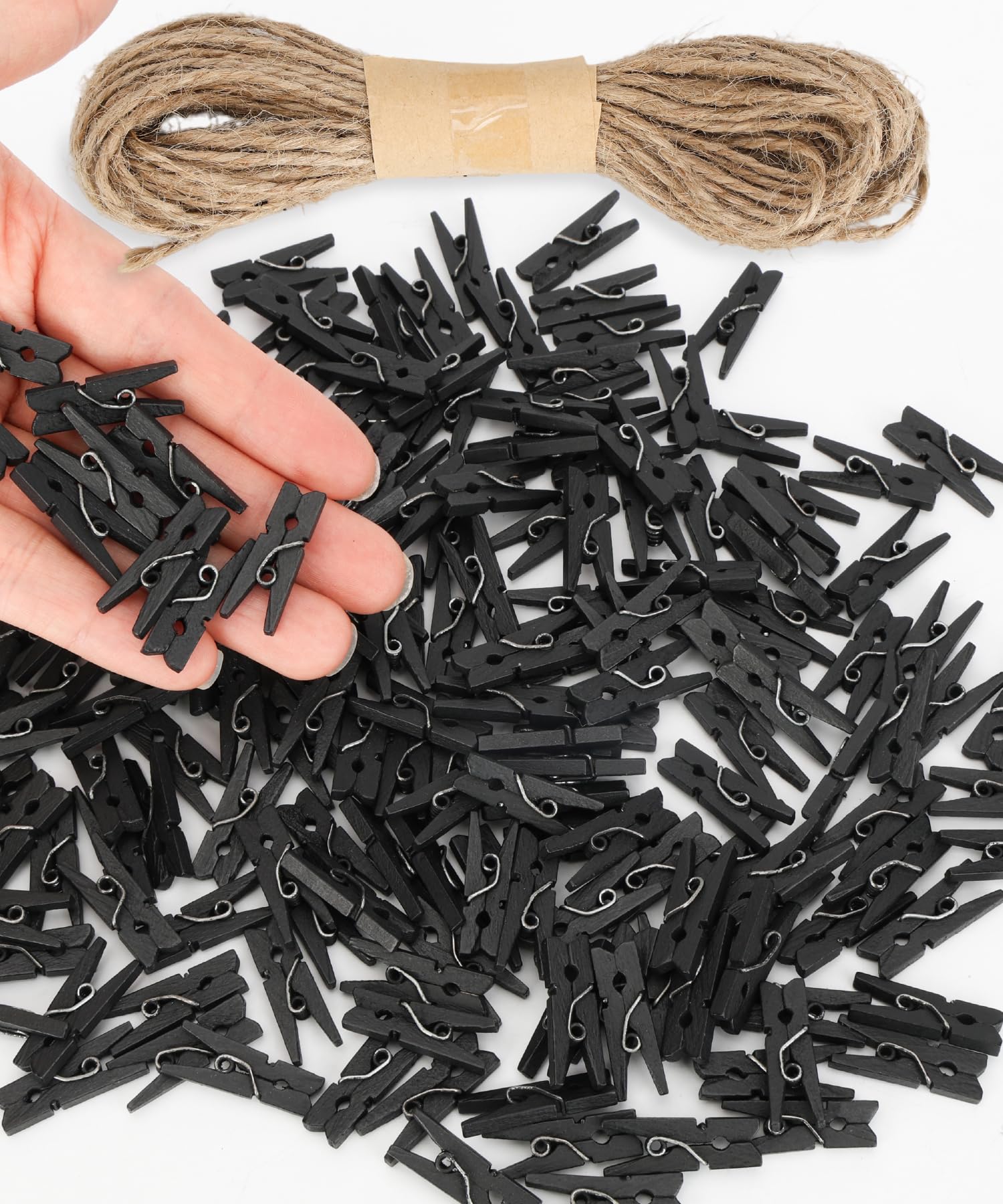 Mr. Pen- Mini Wooden Clothes Pins for Photo, 1 Inch, 200 Pack, Black Small Clothespins with 10 Meter Jute Twine for Scrapbooking, Labeling Plants, Gift Tags, Tiny Crafts, Photo Display, Decoration