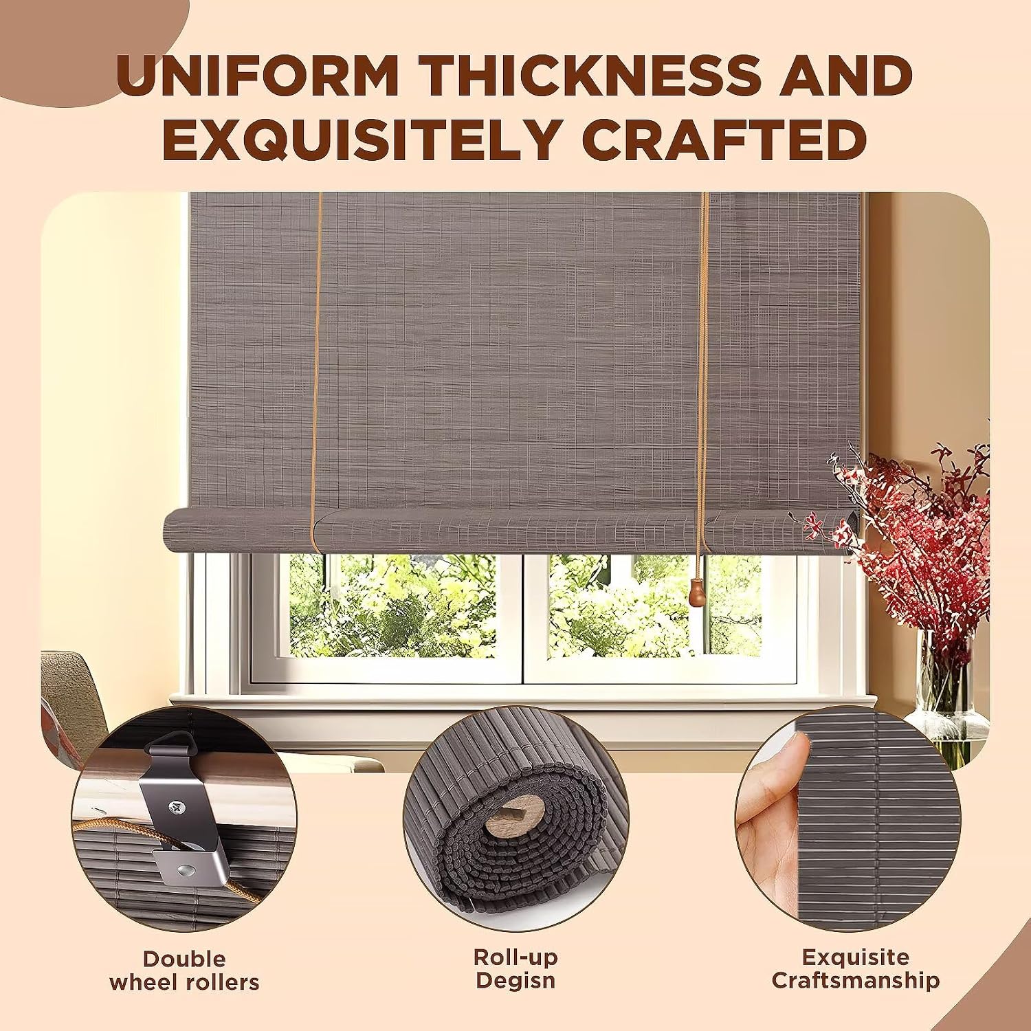 Bamboo Blinds for Interior Windows, 28" W X 72" H Bamboo Shades for Indoor Windows, Roller Shades for Indoor Window and Outdoor Patio, Decks, Porch, Backyards