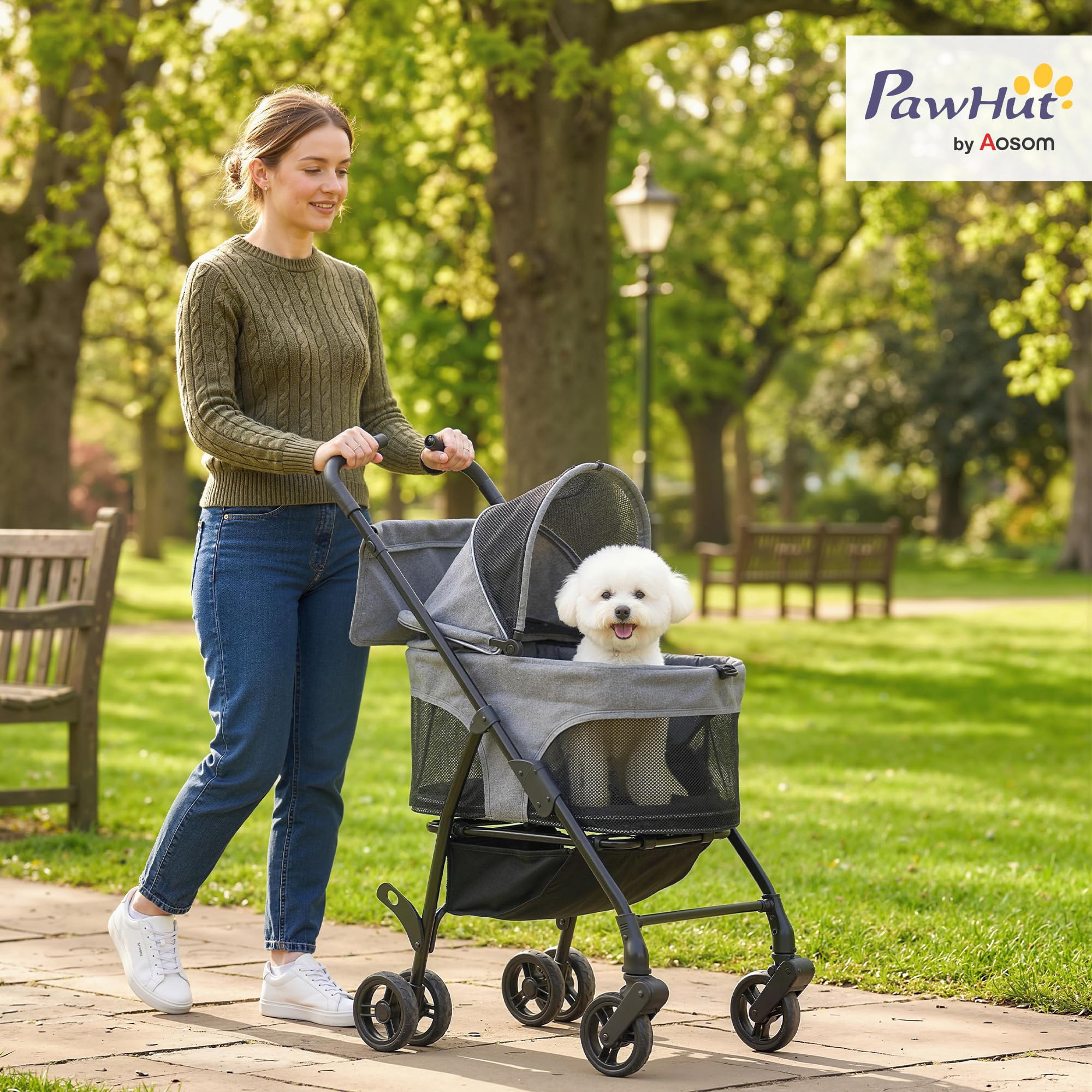 PawHut - Cochecito para perro 3 en 1 desmontable con capazo extraíble y sin cremallera, para perros pequeños y gatos de 10 kg, color gris