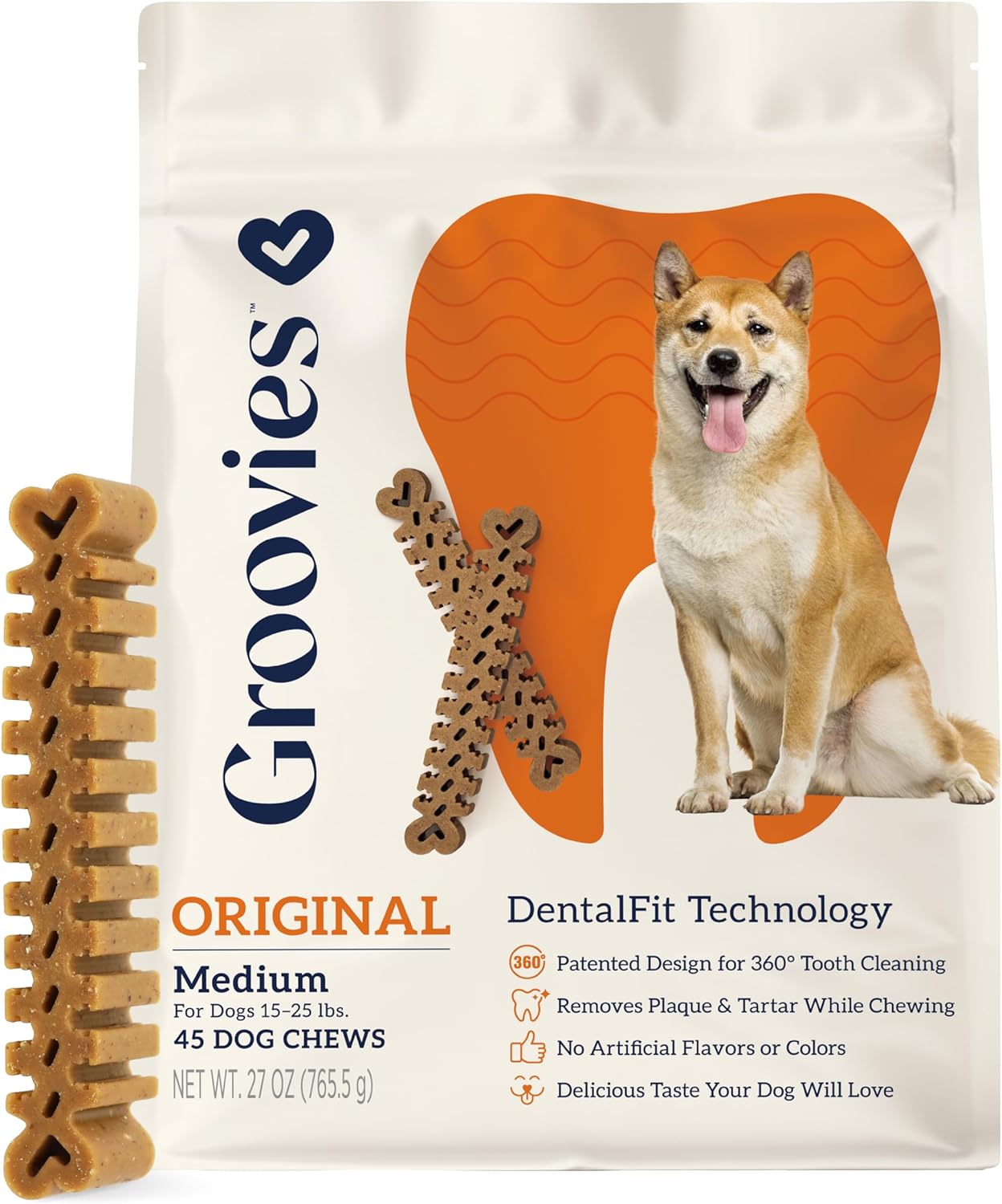 Groovies Flexible Dog Dental Chews with Patented DentalFit Technology to Help Support Tartar Control & Fresh Breath, Medium Dog Chews for 15-25 lb Dogs, USA Manufactured Oral Care, 45 Chews