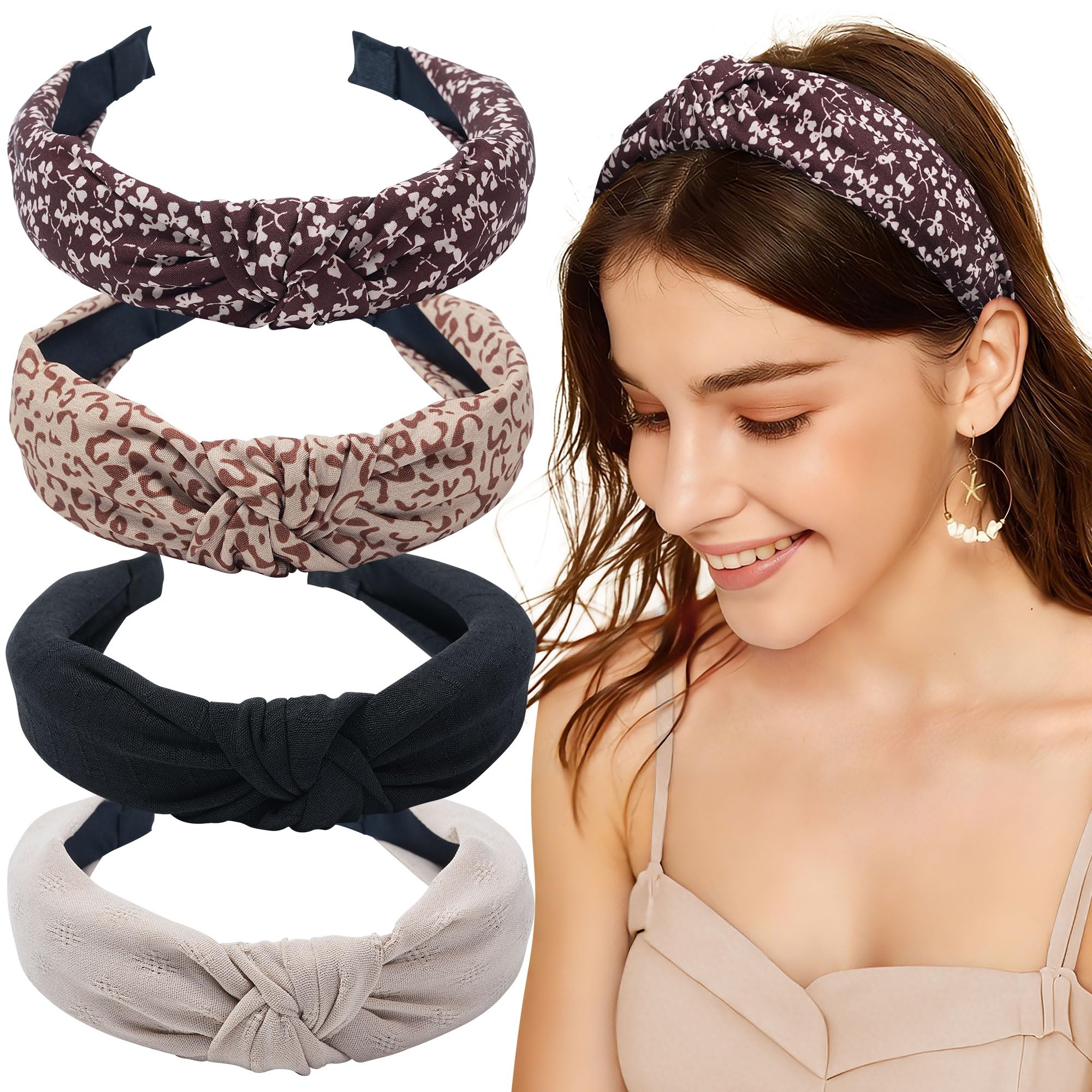 Mesovor 4 Pack Knotted Headbands for Women, Non-Slip Top Knot Wide Turban Head Band Headwrap | Comfortable Yoga Exercise Hair Hoop Hair Bands Accessories (Neutral Mix)-image-4