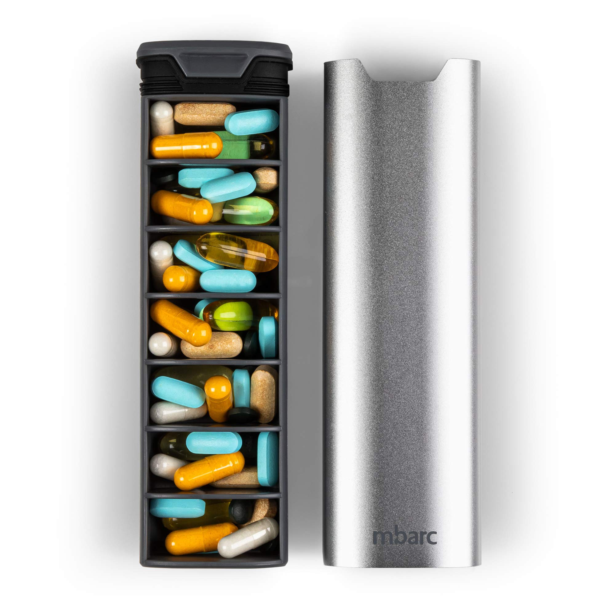 HigherHuman mbarc Pillendose 2.0 für 7 Tage, hochwertiges stilvolles Aluminium und Holz, großes Fassungsvermögen, für Nahrungsergänzungsmittel, Pillen, Vitamine und Medikamente, Metallic-Silber