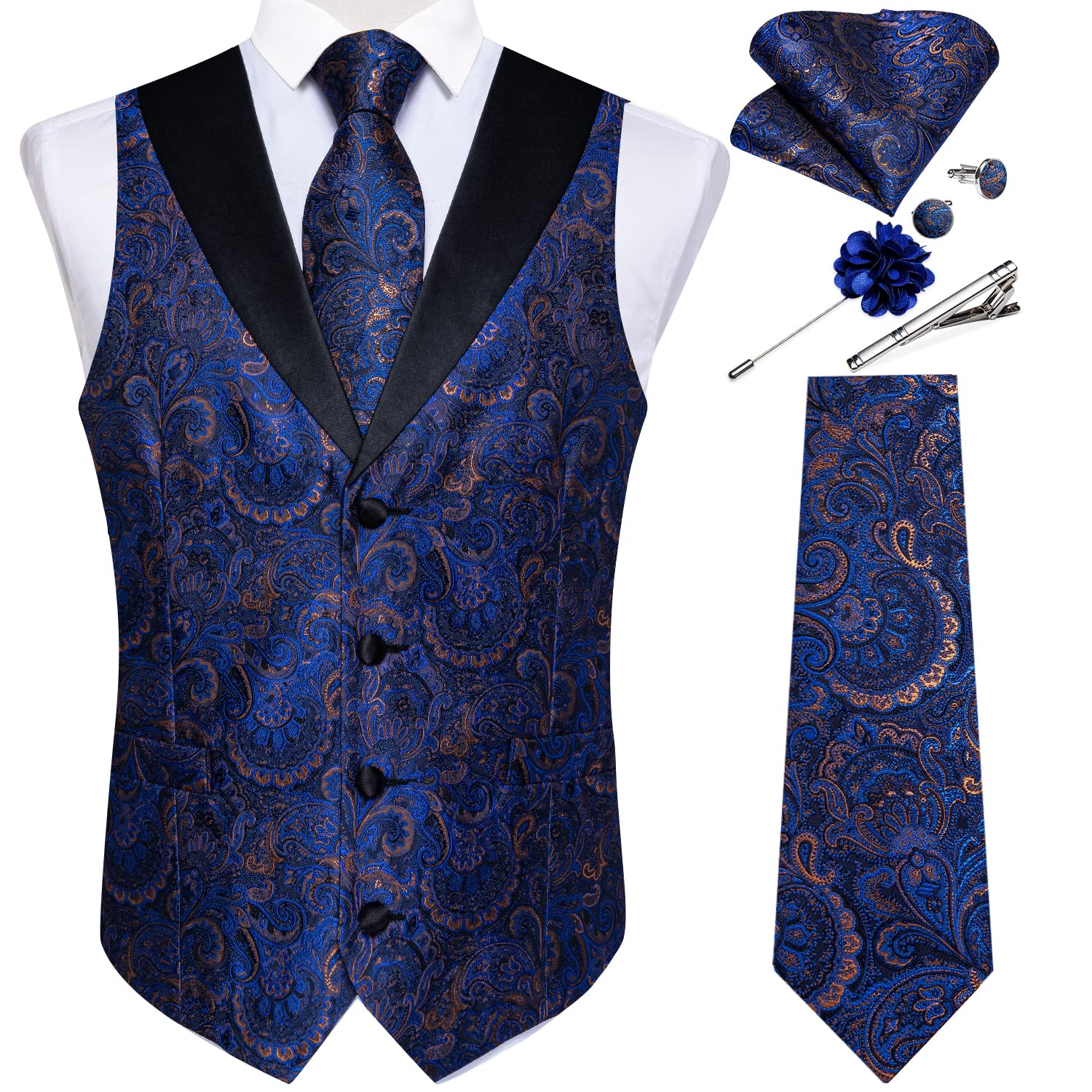 DiBanGu Mens Paisley Suit Vest Silk Jacquard Waistcoat and Necktie Set Formal Shawl Collar Dress Vest 7PCS for Wedding Party