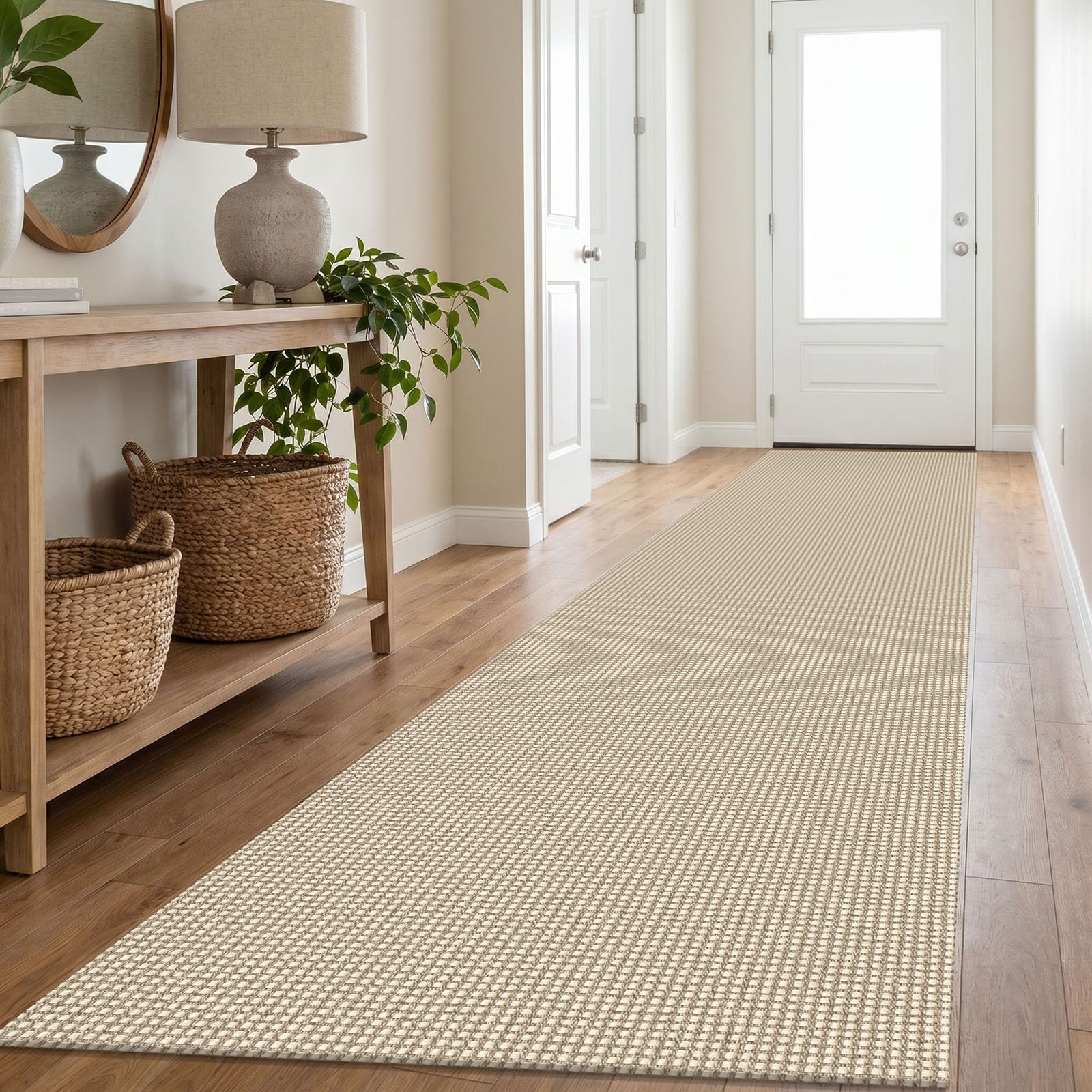 IOHOUZE Washable Exrea Long Hallway Runner Rug 3x16 Non Slip Rubber Backed Kitchen Runner Entryway Runner Indoor, Woven Rugs Floor Carpet for Kitchen Hall Entryway, Cream/Beige