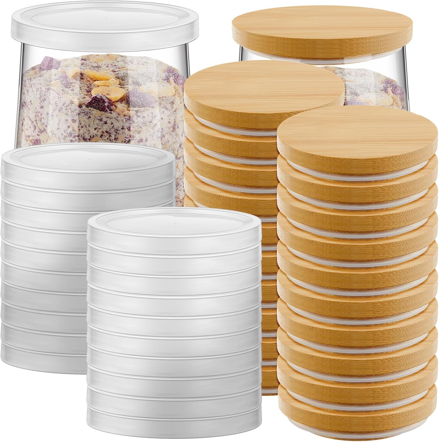 Tessco for You 40 Pcs Yogurt Jar Lids Clear Plastic Silicone Bamboo Wood Container Lids with Silicone Sealing Rings Reusable Replacement Covers Compatible with Oui Yogurt Jars 5 oz