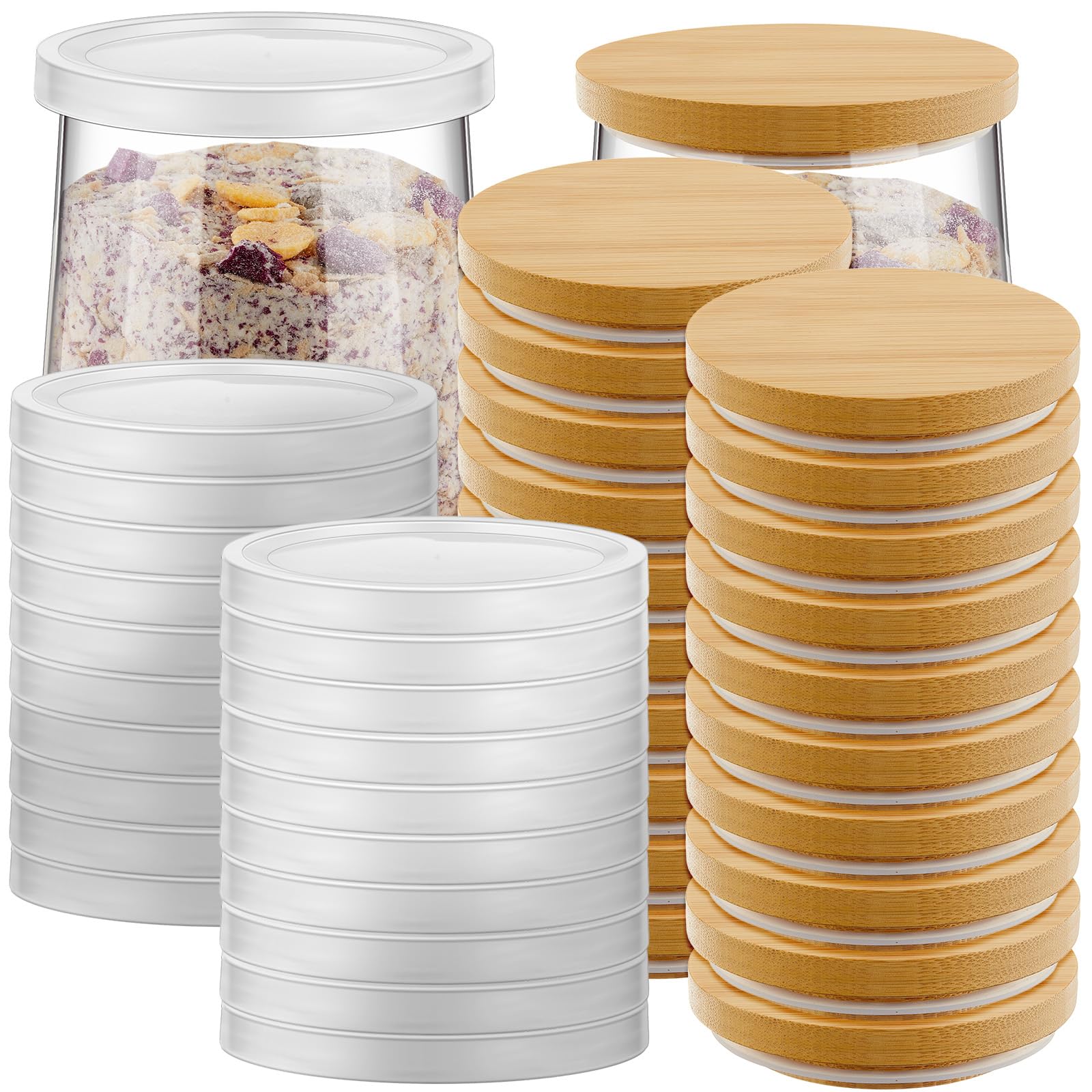 Photo 1 of ***LIDS ONLY***40 Pcs Yogurt Jar Lids Set Compatible With Oui 5 Oz Clear Plastic Silcone Bambo Wood Container Lids With Silicone Sealing Rings Reusable Replacement Covers For Kichen Food Storage