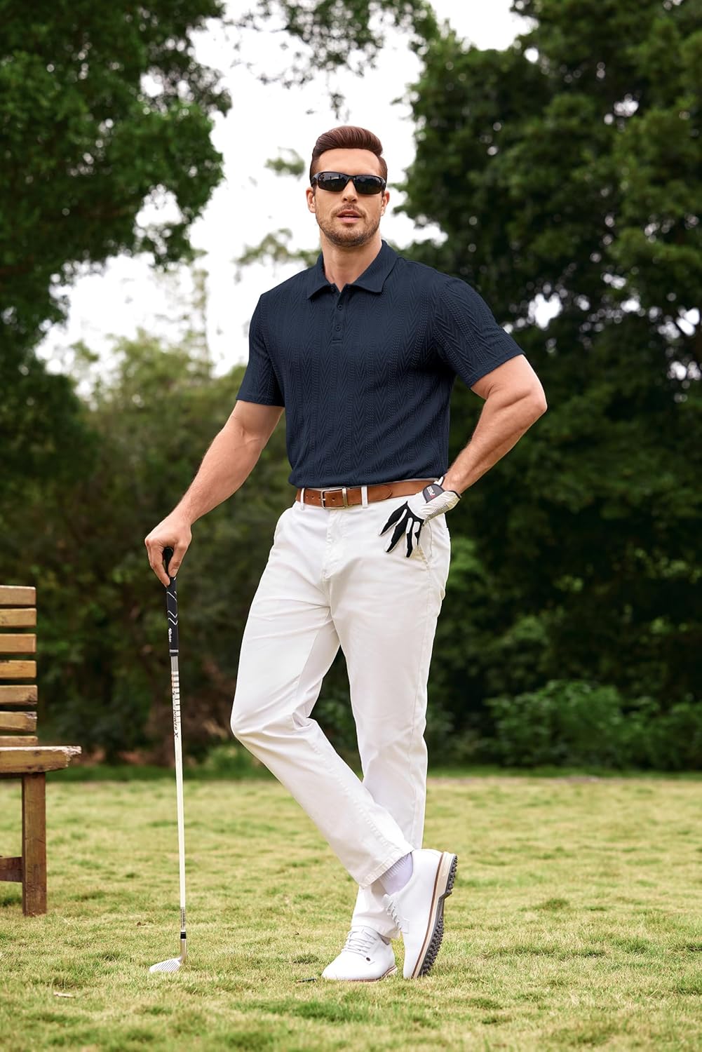 JMIERR Men's Textured Knit Polo Shirt Summer Short Sleeve Vacation Button Beach Knit Stretchy Golf Shirts - Image 3