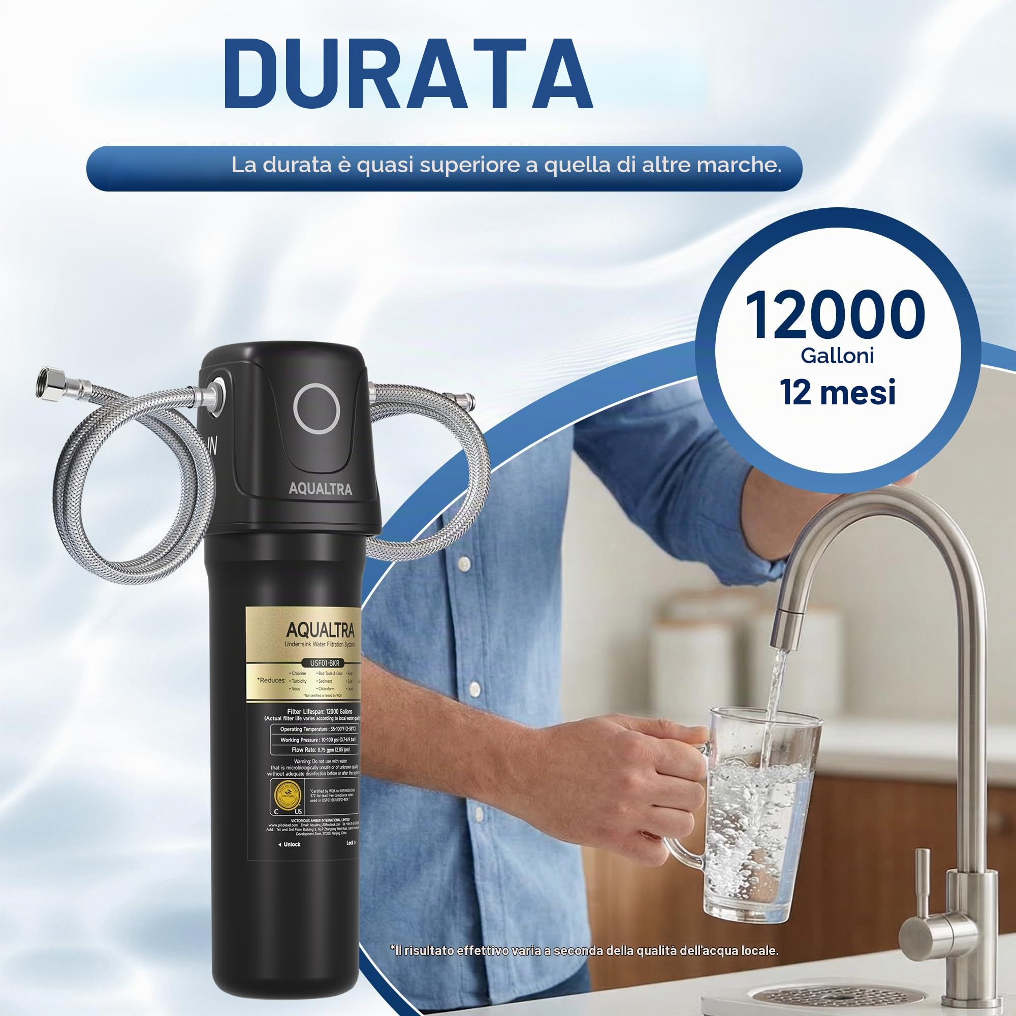 AQUALTRA USF01-BK Sistema sottolavabo, 45400L, certificato NSF/ANSI/CAN372, riduce PFOA, PFOS, cloro, piombo, mercurio, cloramina, fluoro, microplastiche, cattivo gusto & odore