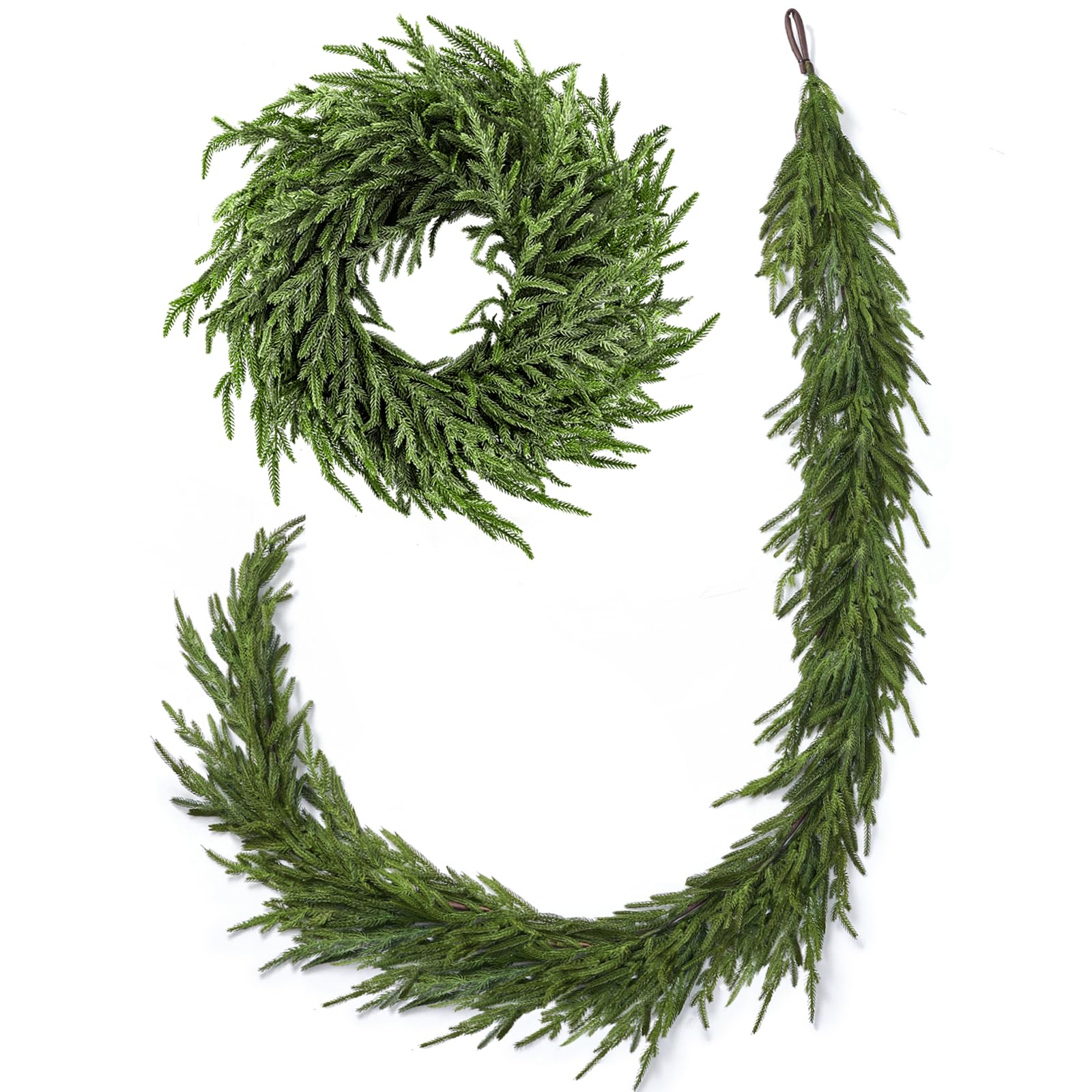 Real Touch Norfolk Pine 22IN Green Wreath and 9FT Garland Artificial Faux Greenery Norfolk Pine for Holiday Indoor Mantle Decor