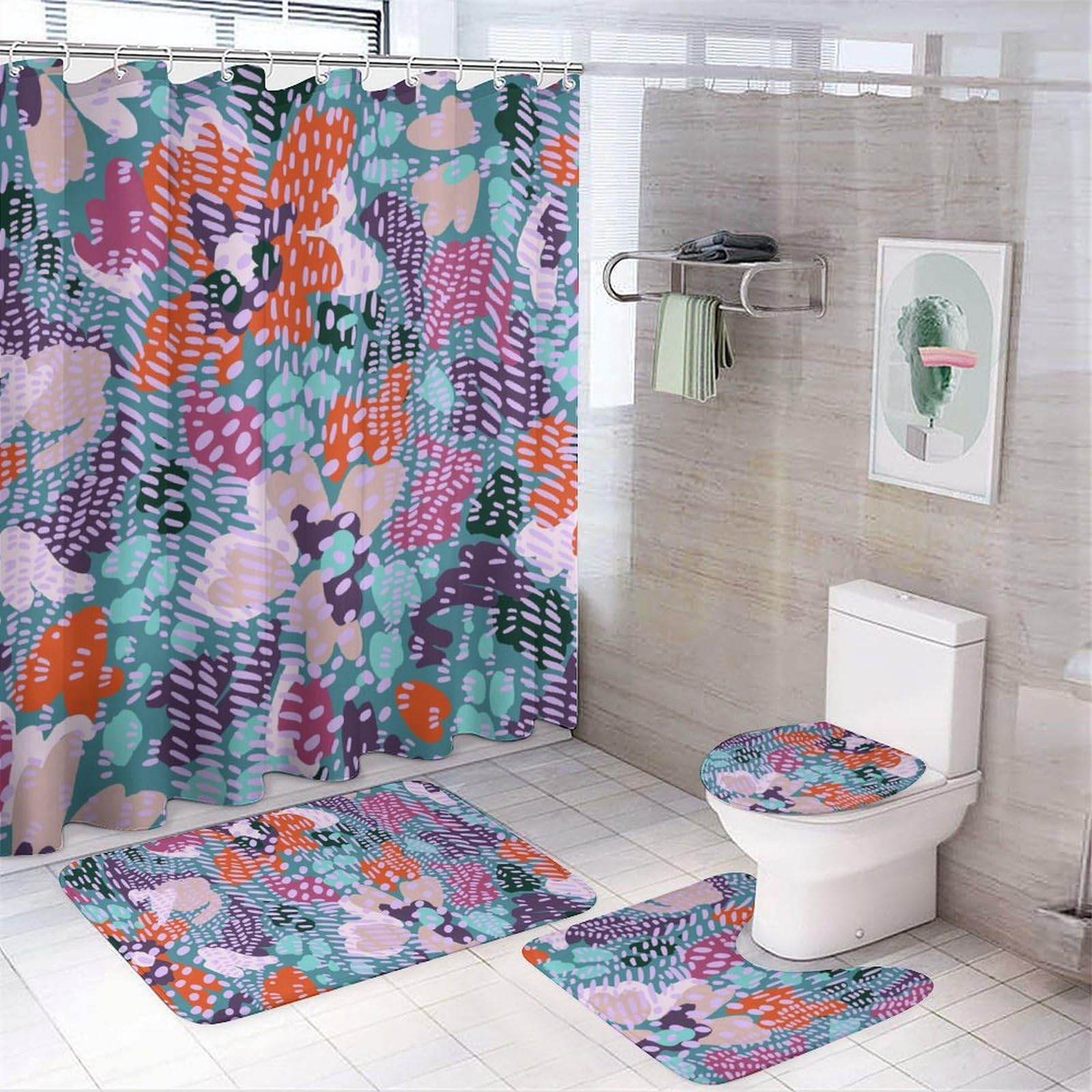 Rideau de douche anti-moisissure avec tapis antidérapant et 12 crochets