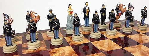 Miniatura 5 de Juego de ajedrez de reinas de la guerra civil estadounidense con tablero de almacenamiento de color cereza y Burlwood de 17 pulgadas de alto brillo