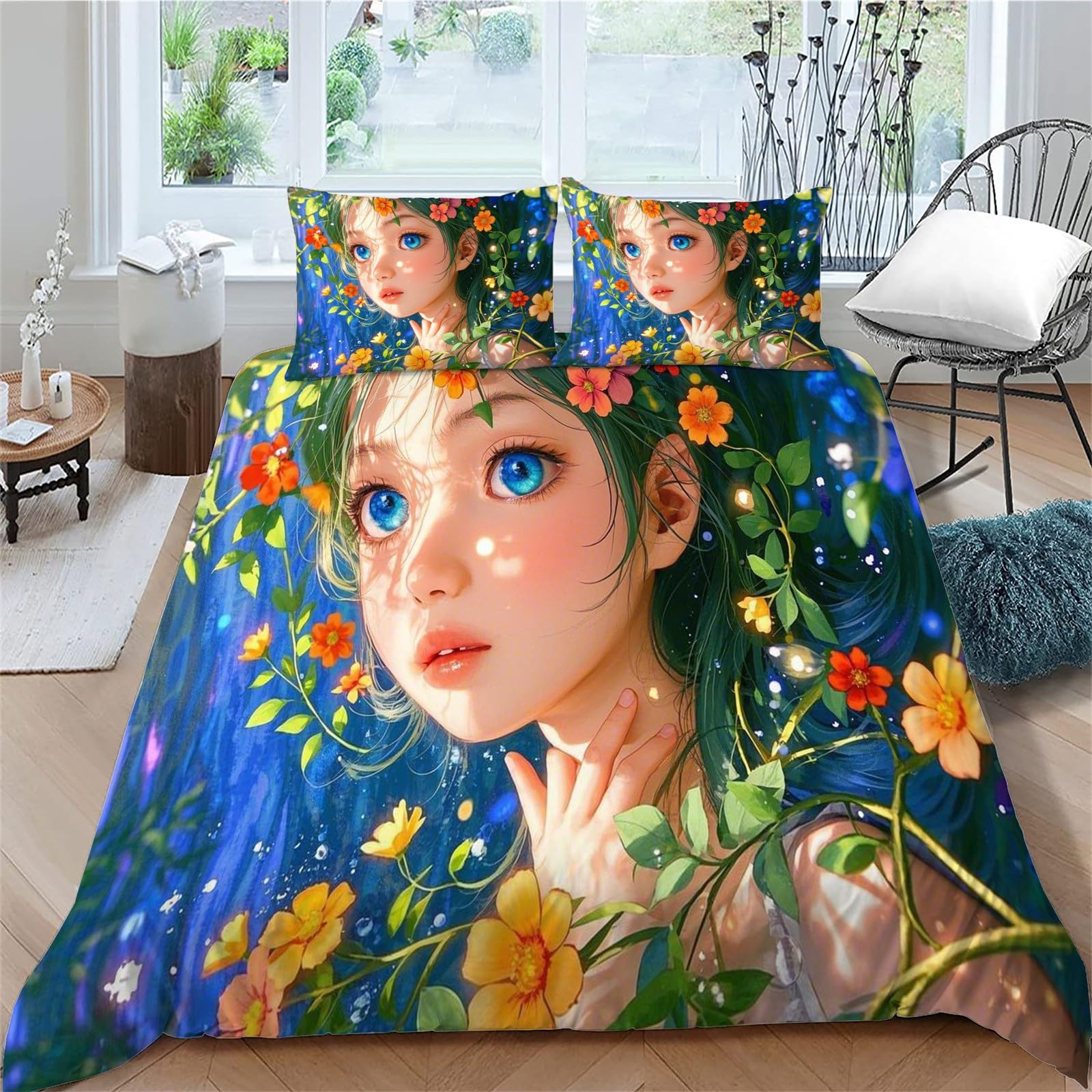 Housse de couette 220x240 fille aux yeux bleus en microfibre