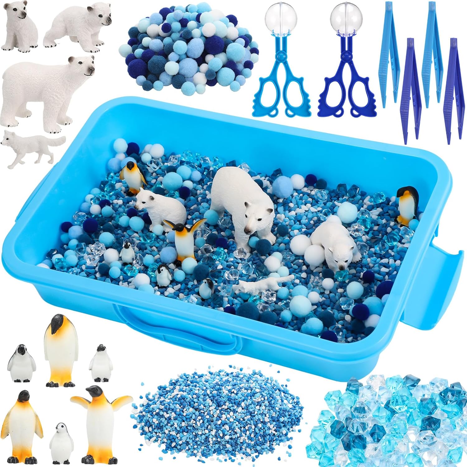 Thyle Winter Polar Sensory Bin Fine Motor Toys, Christmas Counting and Sorting Set with Sandbox Ice Wonderland Filler, Birthday Gift Education Activities, Ages 3-5