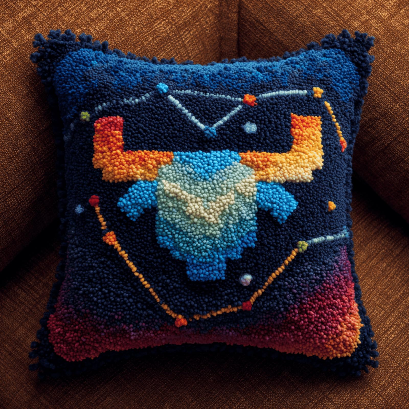 Taxpy DIY Latch Hook Pillow Kit for Beginners,Taurus Constellation,17x17in Cushion Cover with Pre-Printed Canvas,Soft Yarn & Accessories Included,Relaxing Handmade Craft for Adults,Home Decor