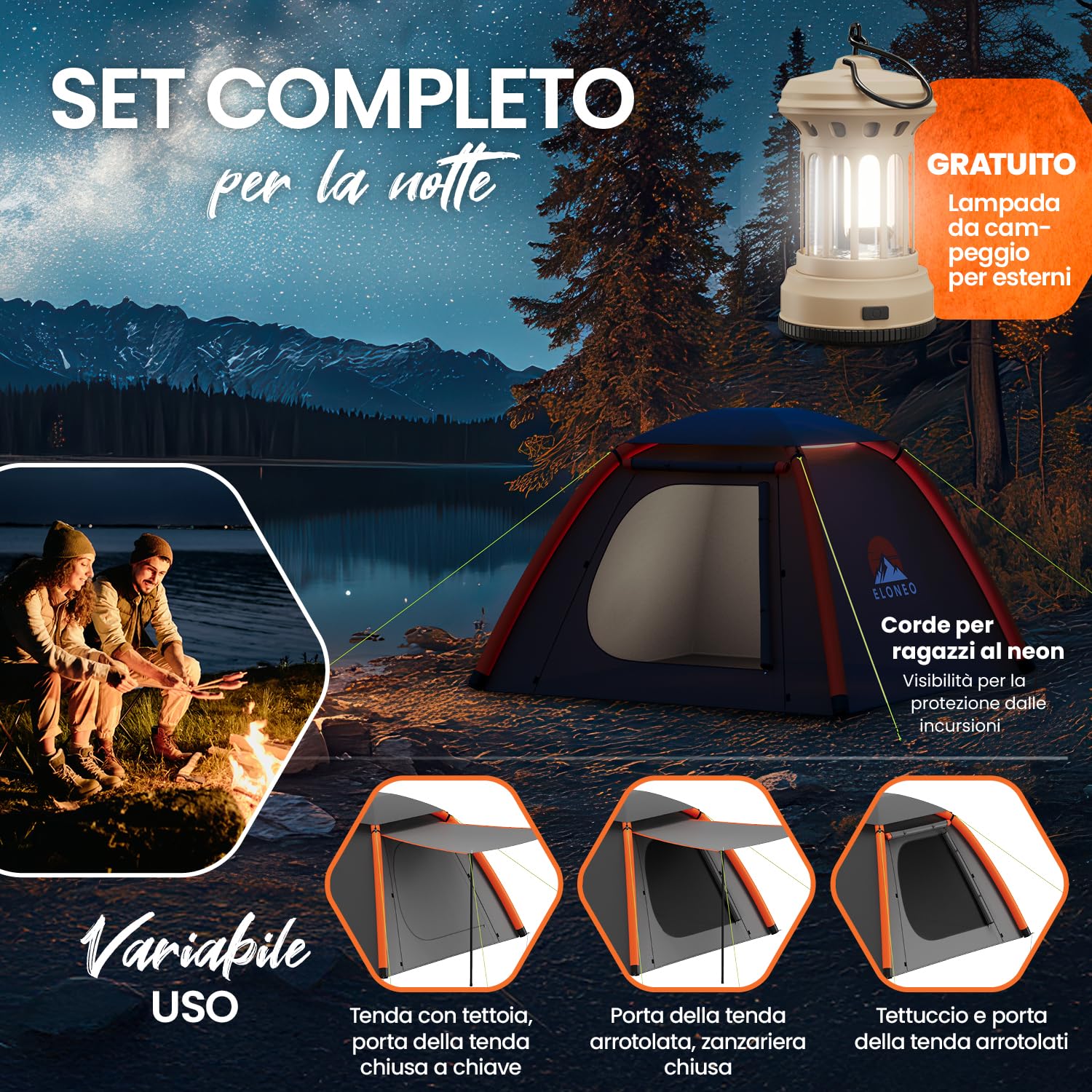 ELONEO tenda gonfiabile per 1-4 persone con tettoia e pompa ad aria, tenda da campeggio impermeabile, tenda ad aria ultraleggera, inflatable tent, tenda glamping con luce LED gratuita