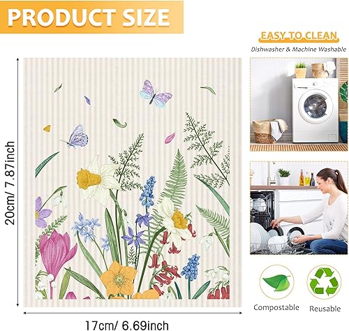 Miniatura 2 de Nitial 6 paños de cocina suecos con diseño floral de pájaros, reutilizables, absorbentes y de secado rápido, paños de limpieza para cocina, pájaros,