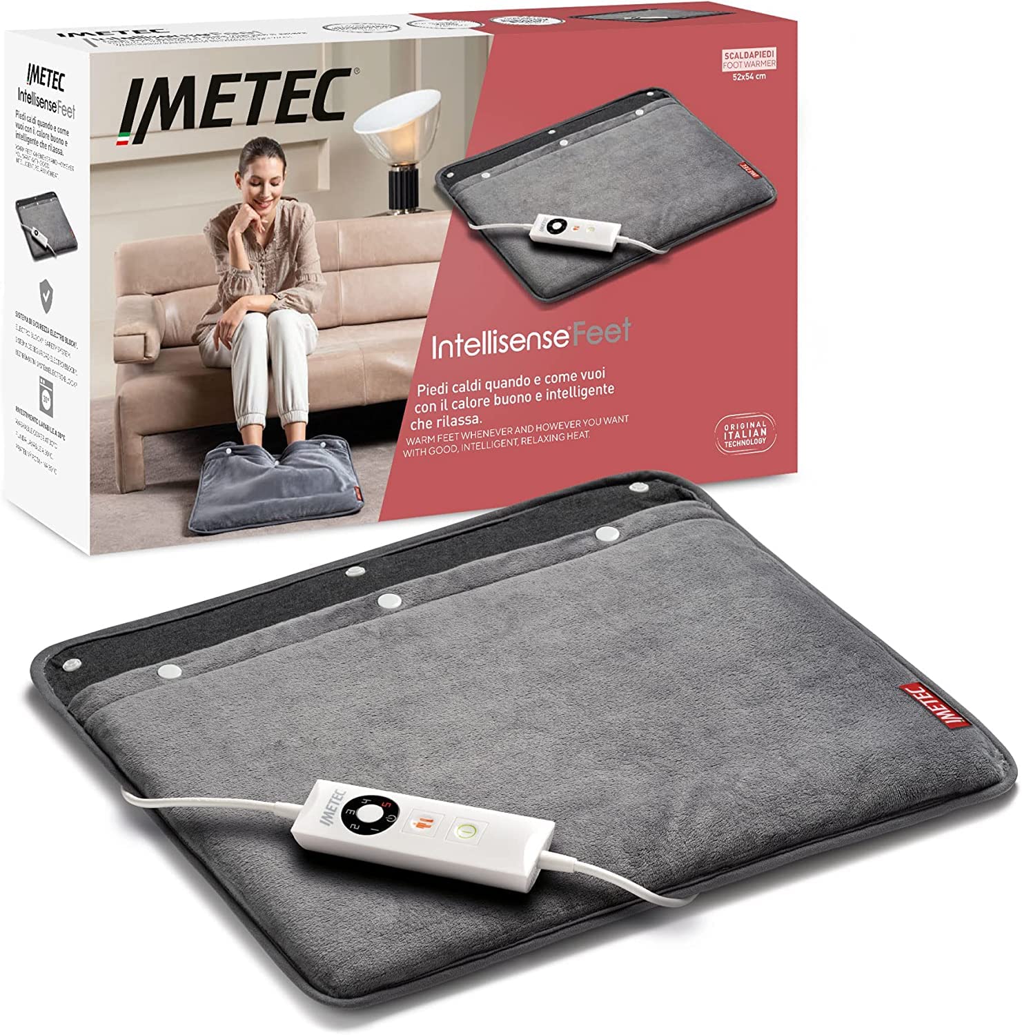 Imetec Intellisense Chauffe Pieds Électrique 52x54 cm - Tissu Doux Sherpa, 5 Températures, Arrêt Automatique - Sécurité Electro Block Anti Surchauffe, Chauffage Rapide, Housse Lavable en Machine