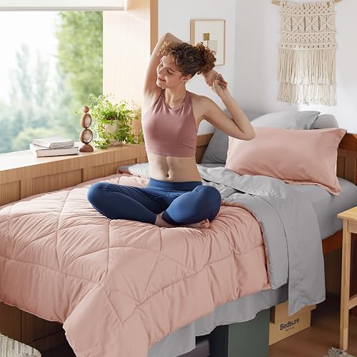 Bedsure Twin XL Comforter - 5 Pieces Reversible Blush Pink Bed in a Bag, Twin XL Bedding Comforter Set College Dorm Essentials with 1 Flat Sheet, 1 Fitted Sheet, 1 Pillowcase and 1 Pillow Sham