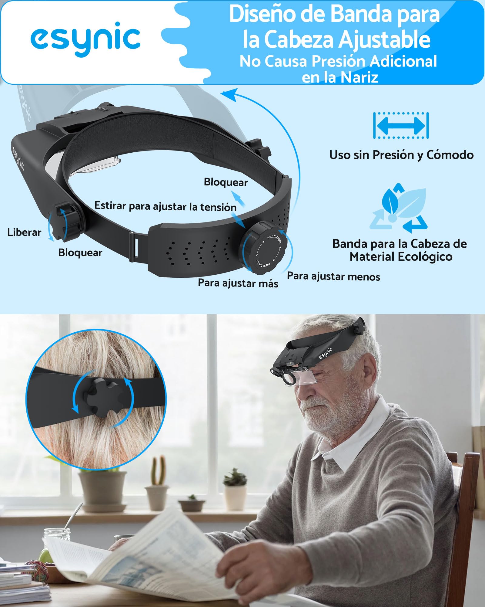 eSynic Gafas de Lupa Recargable con Luz Lupas de Gran Aumento 1.5X-13X con 5 Lentes Ajustable Gafas de Aumento Lupa con Control Táctil e Indicador de Batería para Manualidades,Leer,Coser,Joyería
