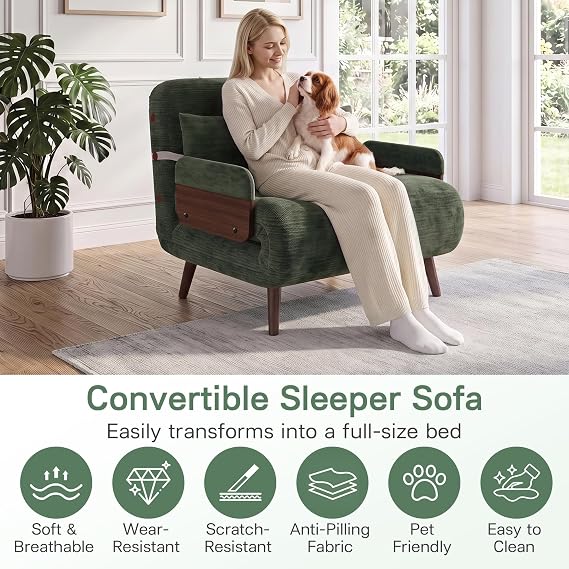 Chair Bed Sleeper For Adults, 3-in-1 Convertible Single Sofa Bed, 400g Chenille Fabric Folding Guest Bed, Suitable for Living Rooms, Bedrooms and Offices, Olive Green (90 cm Classic)