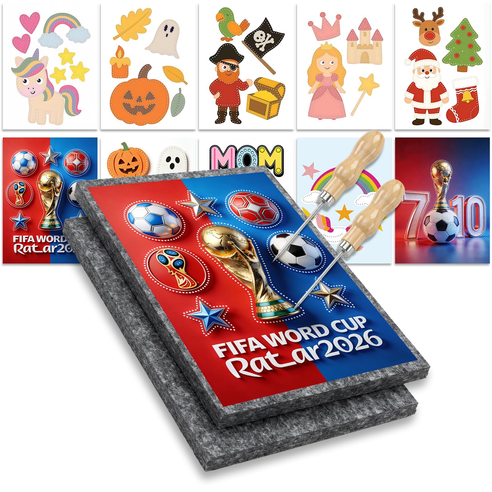 Tangdira Kids Pricking Set – 10 Templates,Wooden Handle,Felt Pad,World Cup