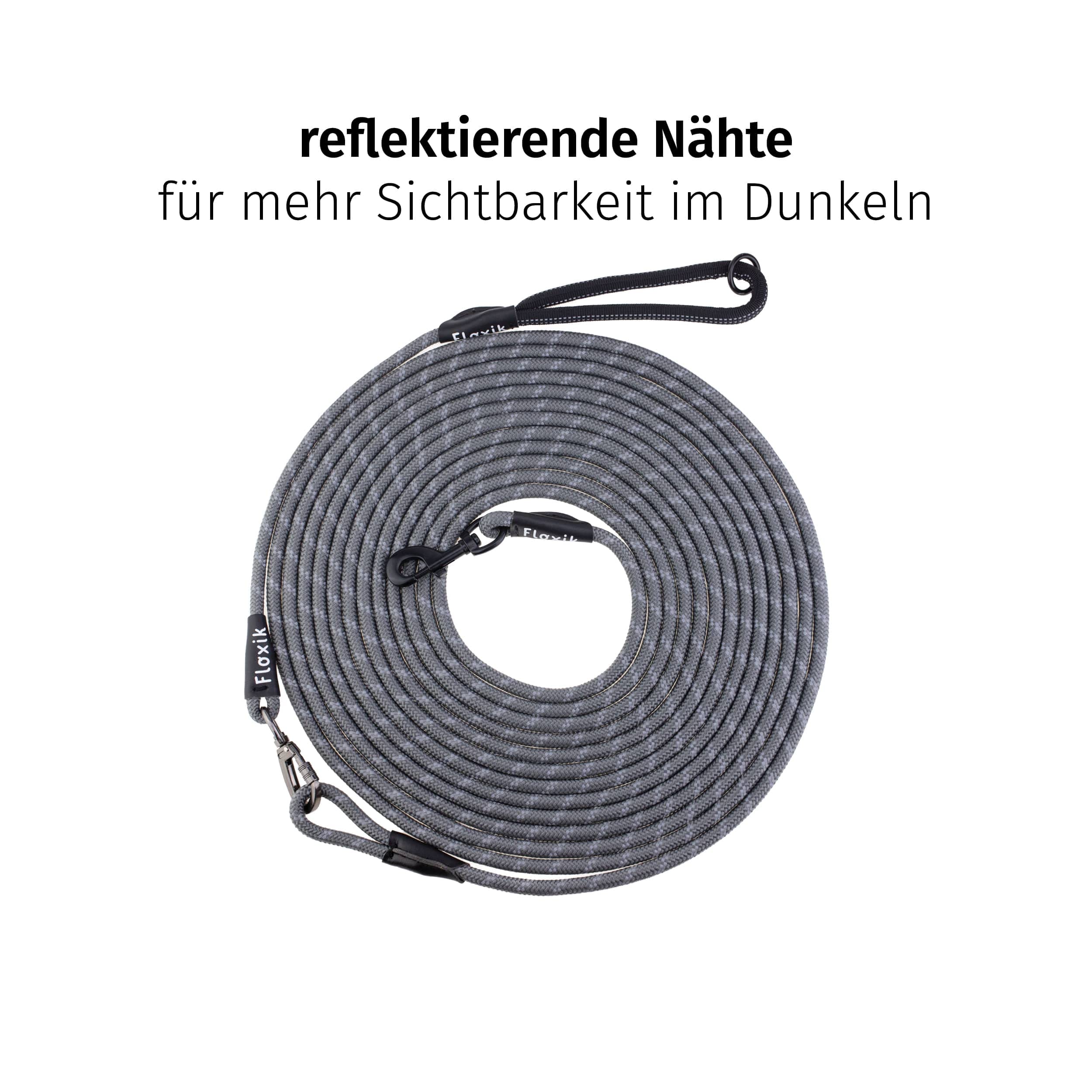 Floxik Correa de arrastre para perros | 5 m, 10 m, 15 m, 20 m gris, correa reflectante con correa de mano extraíble, también ideal como correa de entrenamiento para cachorros