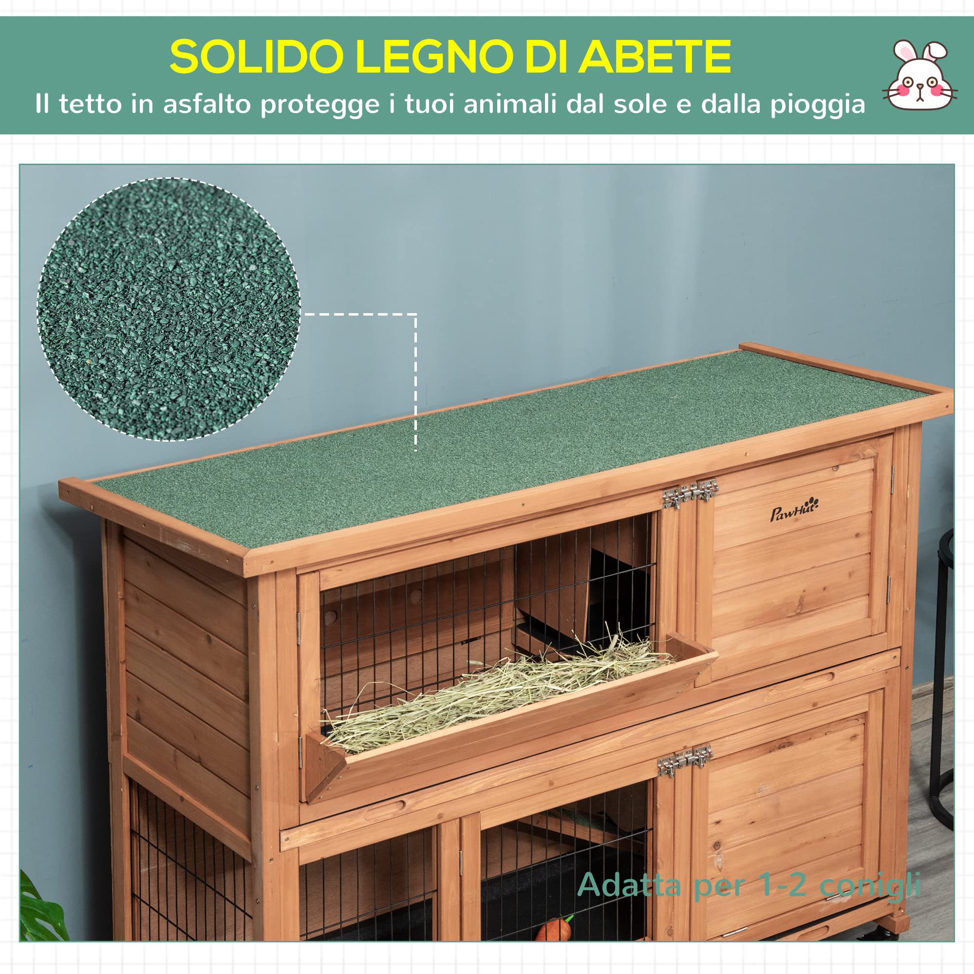 PawHut Conigliera in Legno a 2 Livelli con Ruote, Casetta per Conigli e Porcellini d'India con Vassoio Estraibile e Rampa, Arancione,122x50x101cm