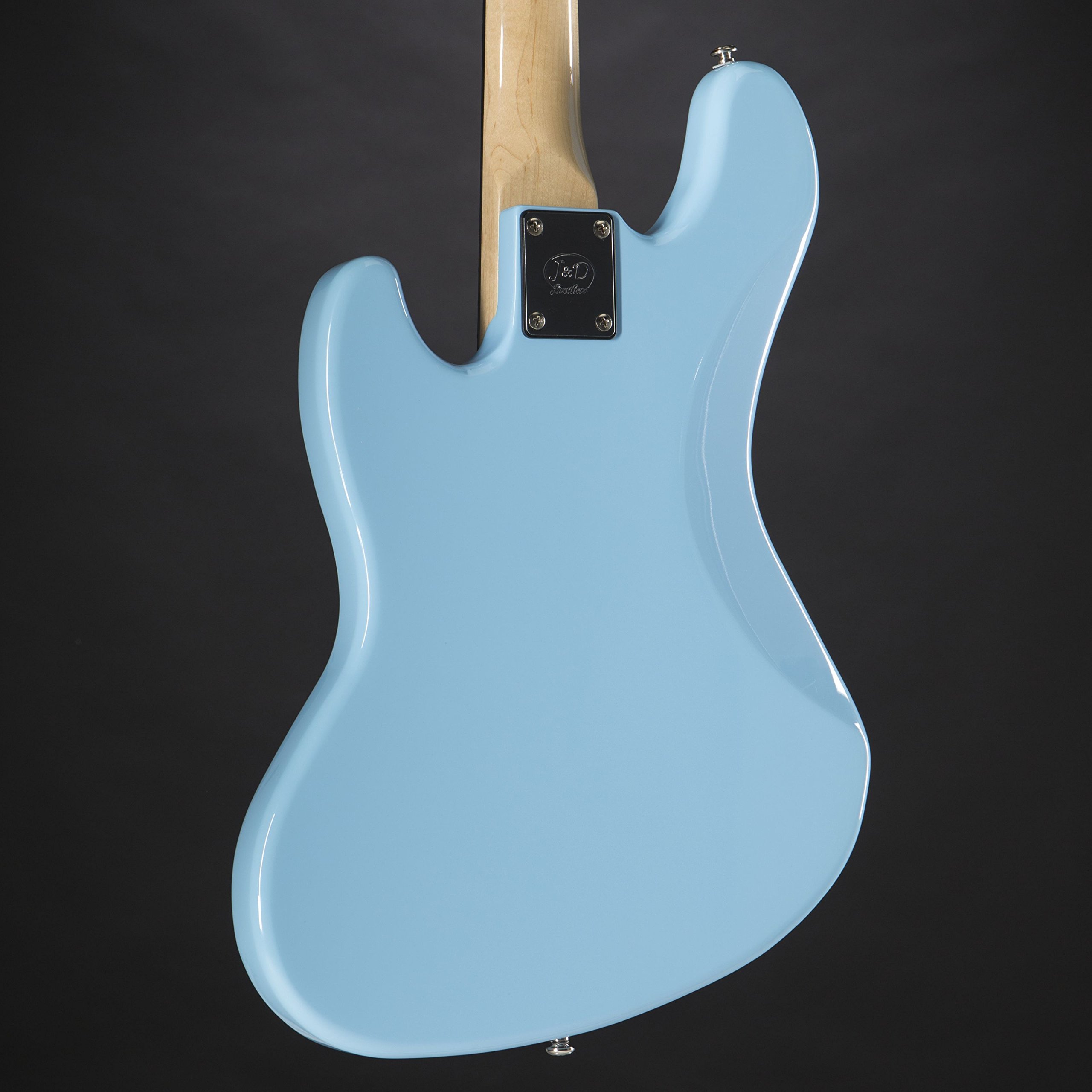 J & D JB Vintage 1975 SKBL Sky Blue 4 Saiter E-Bass mit Single-Coil Pickups, passiver Elektronik, Vintage-Style Hardware