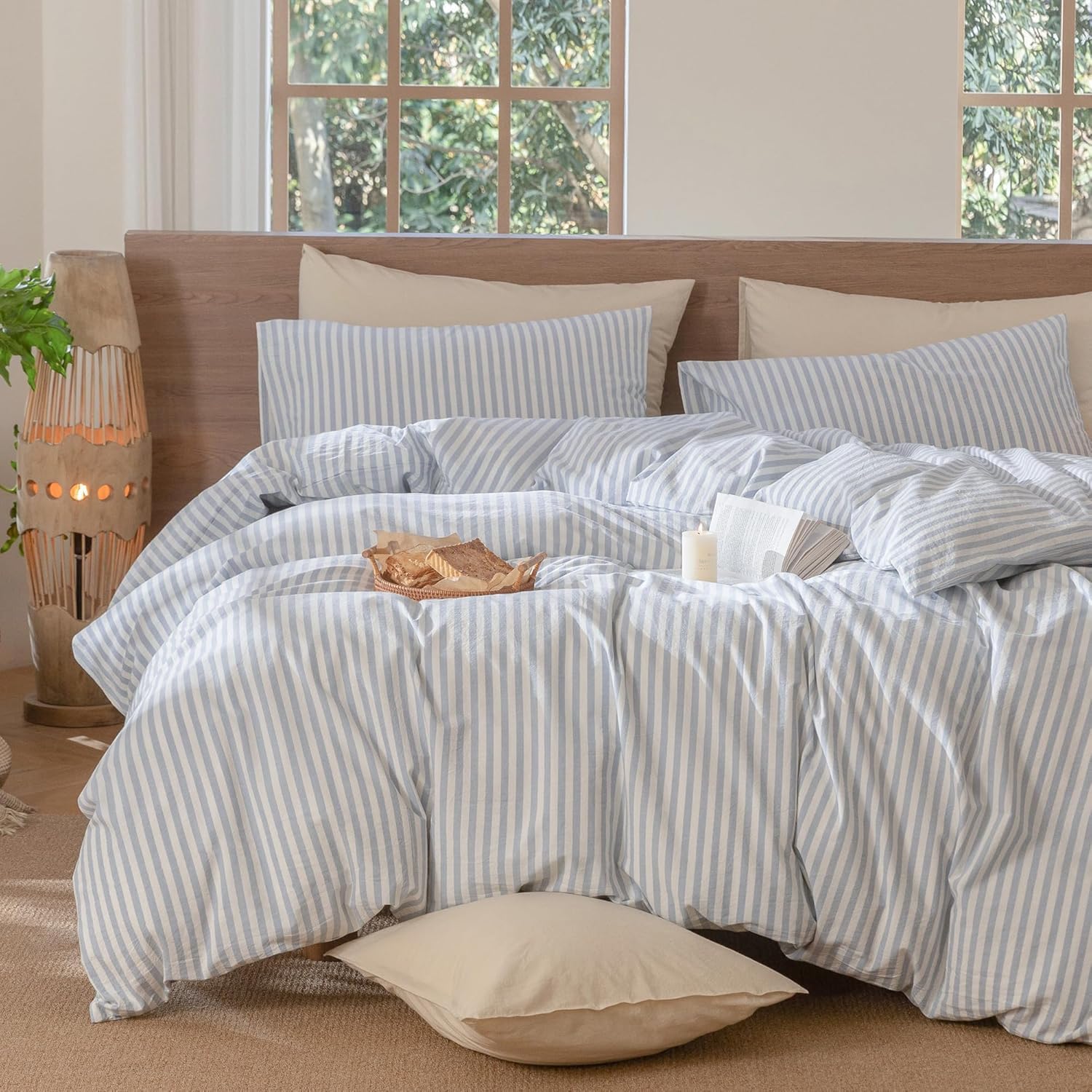 Lanqinglv Double Duvet Cover Set Blue White Striped Bedding Set Double Bed,1 Duvet Cover Double 200x200 cm with Zipper Closure and 2 Pillowcases 50x75cm,Modern Bedding Set