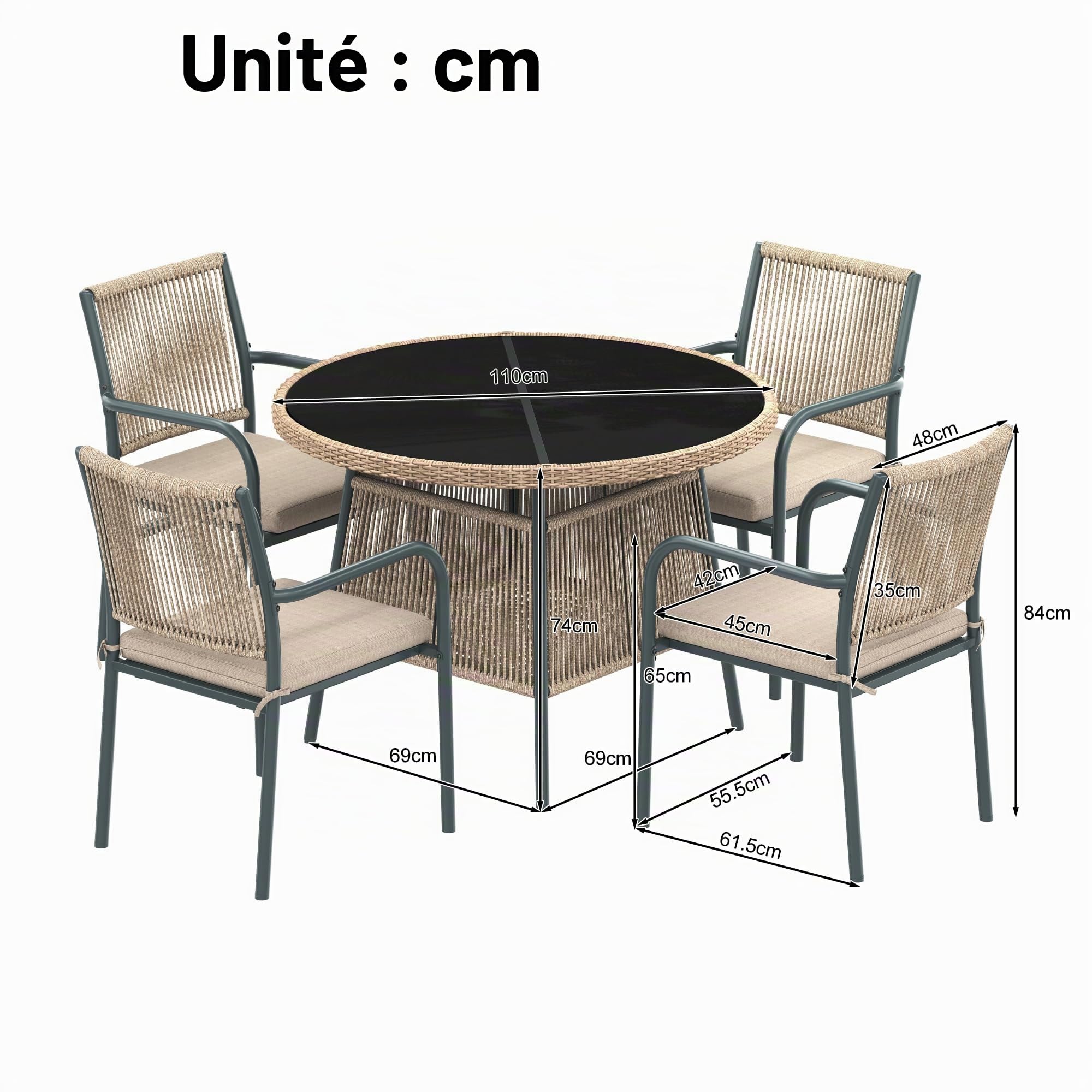Salon de Jardin Extérieur en Résine Tressée 4 Places,4 Chaises et 1 Table Ronde,Coussin,Ensemble de Bistrot pour Jardin en Fonte Aluminium,Rotin Set de 5 pcs,Balcon,Patio