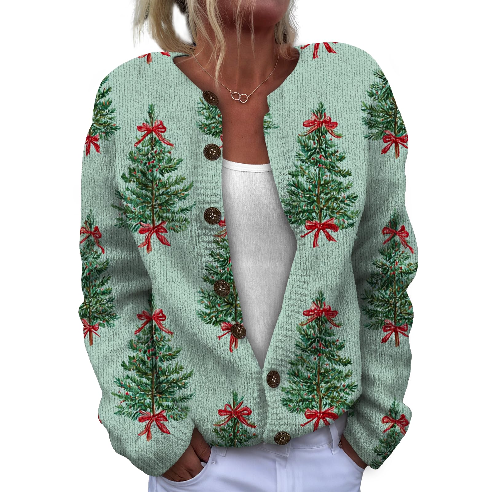 Womens Christmas Cardigan Sweater Snowflake hristmas Tree Print Button Down Open Front Winter Sweaters