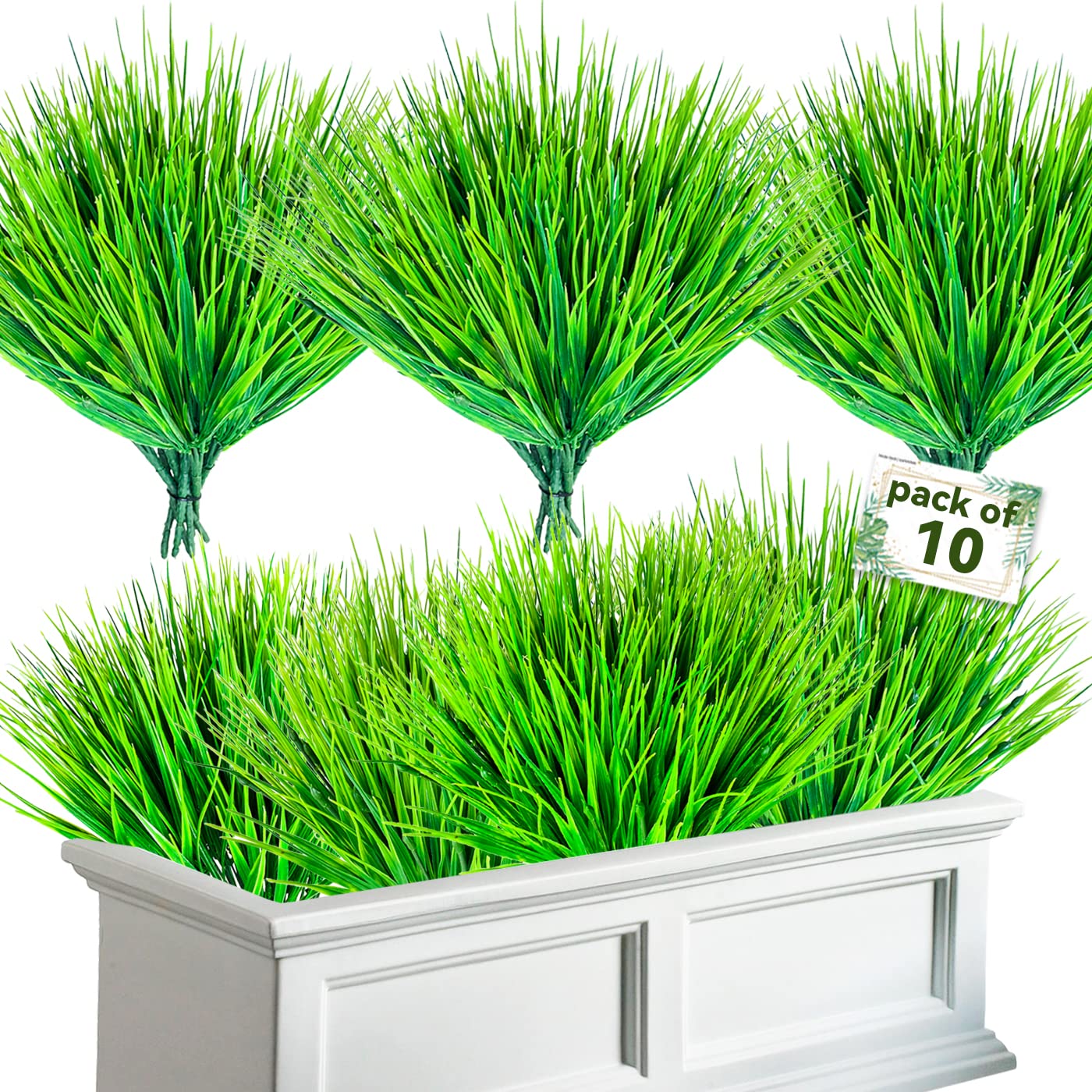 10 Bundles Artificial Grass Plants,Outdoor Faux Grass Plant UV Resistant Fake Plastic Wheat Grass for Indoor Outdoor Fake Realistic Grass for front porch yard patio balcony Garden Decoration- Green