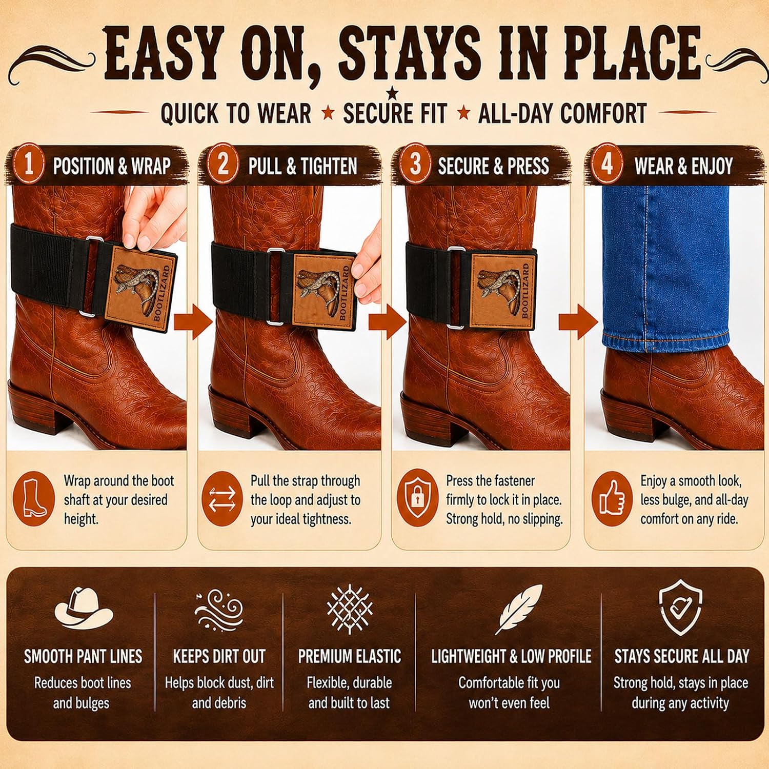 Boot Straps for Cowboy Boots Hidden Elastic Shaft Cinch Bands 2 Pack | 95 percent polyester spandex blend, smooth denim profile, men and women, ranch riding rodeo workdays, low bulk fit