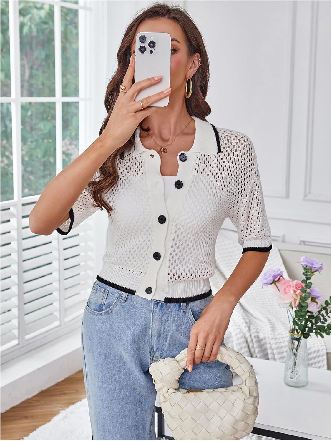 GORGLITTER Women's Crochet Short Sleeve Cropped Cardigan Sweater Button Up Hollow Out Summer Contrast Binding Knitwear - Image 6