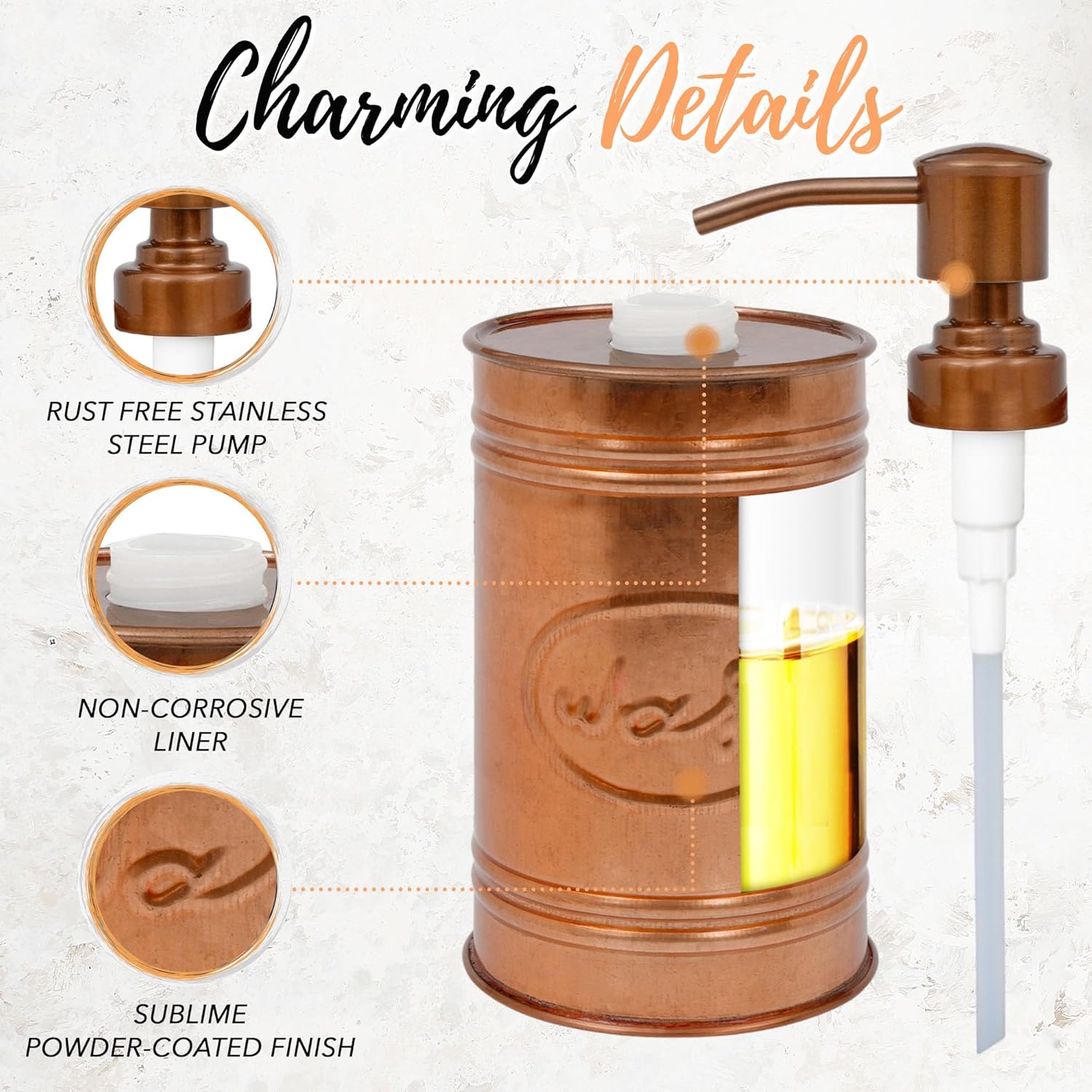 Rustic Copper Farmhouse Soap Dispenser with Stainless Steel Pump