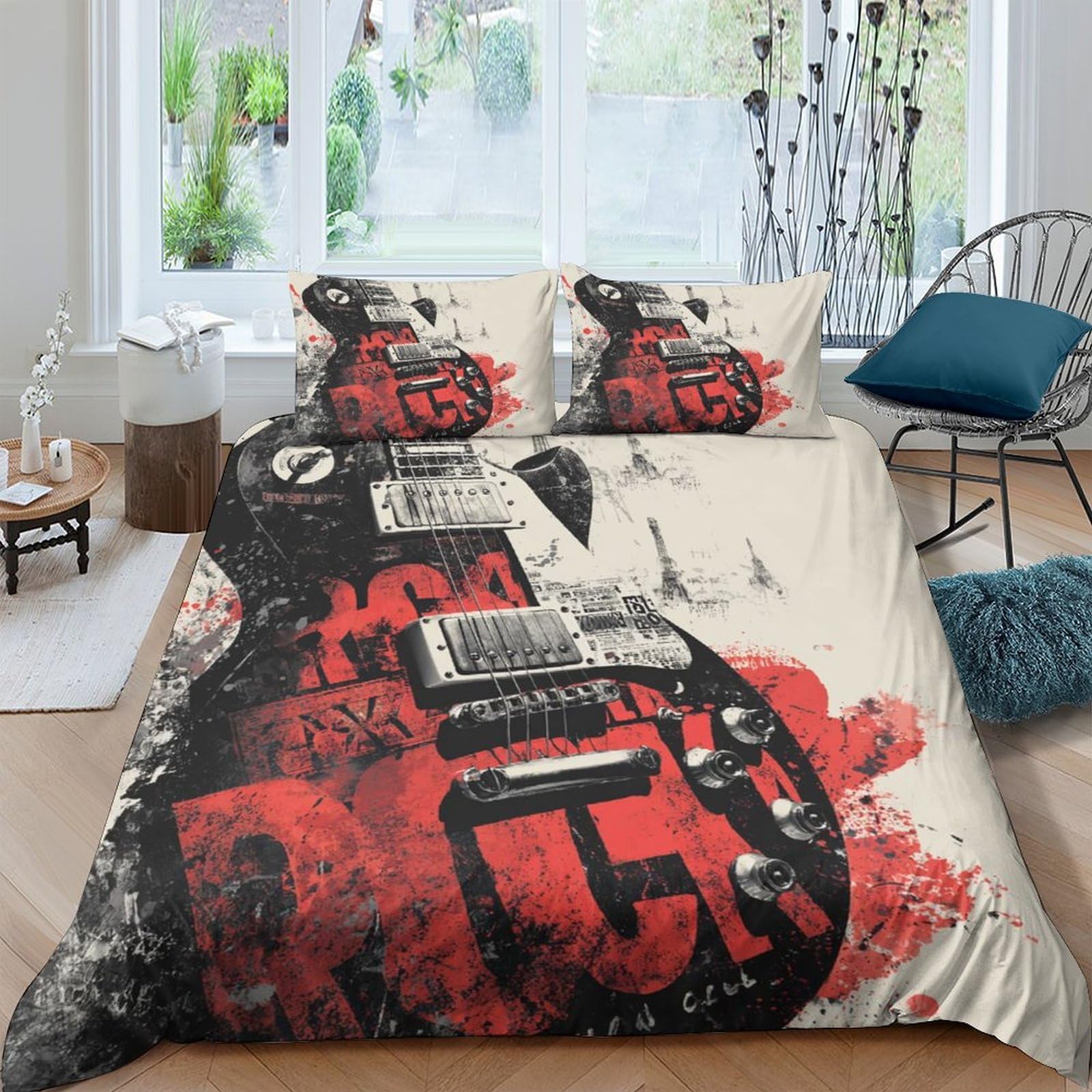 Ctjqhvkz Style-3 3D Printed Electric Guitar Fitted Sheet Microfiber Soft Black Red Abstract Bed Cover For Bedroom Dorm Mattress Protection Decor Single（135X200cm）