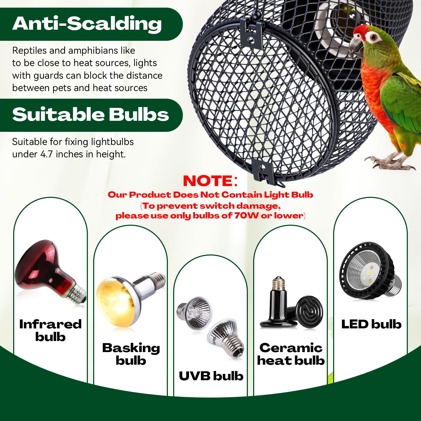 Retisee 2 lámparas de calor para reptiles, pantalla antiquemaduras con interruptor de encendido y gancho antimordeduras para lagartos, serpientes, pollitos, bombilla de 100 W no incluida