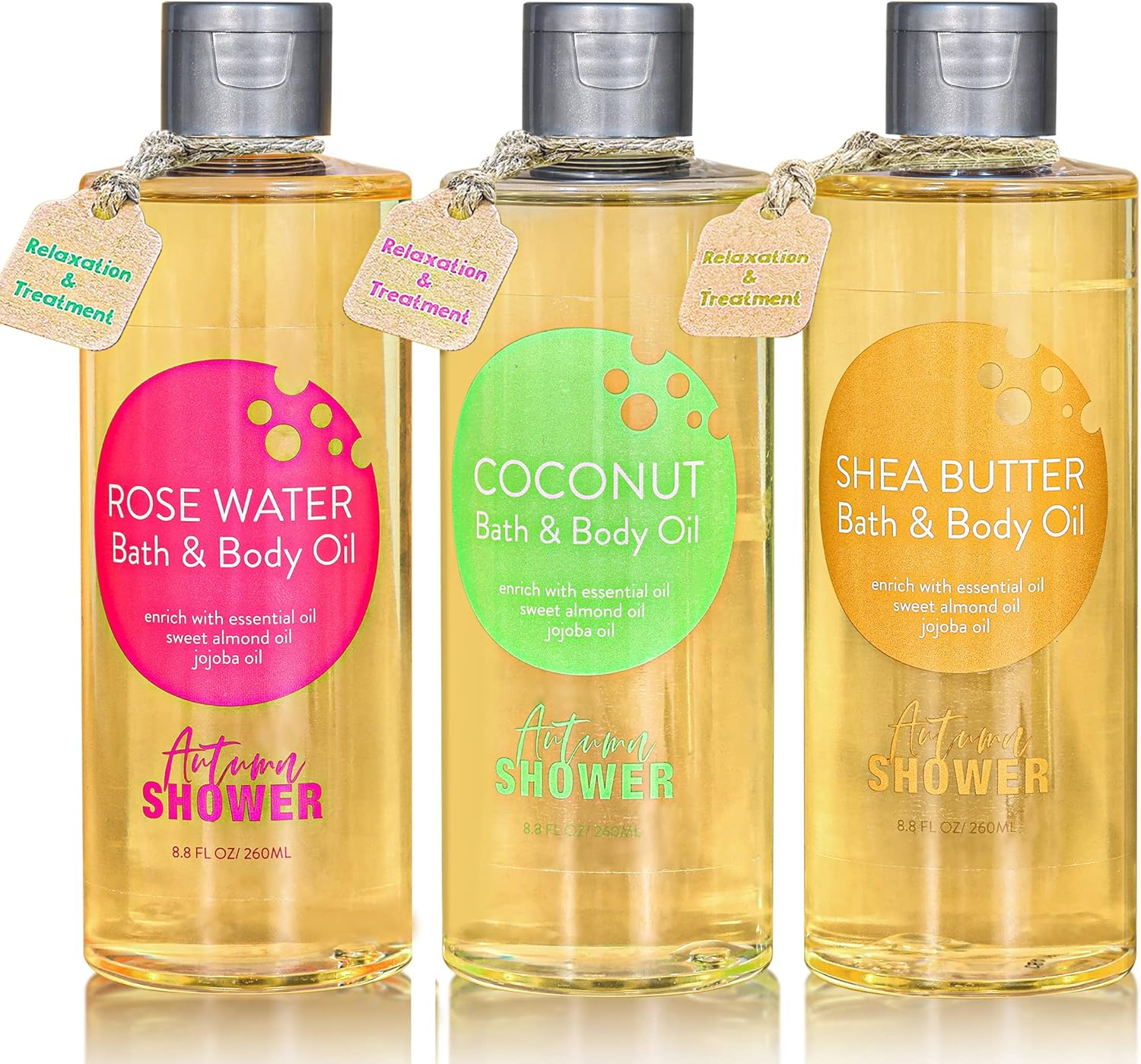 Bath and Body Oil - Autumn Shower Oil with Sweet Almond, Jojoba Oil, Shea Butter & Rose Water & Coconut Bath Oils Christmas Gift for Women, Multiuse Oil for Hair & Dry Skin 26.4 fl oz (Pack of 3)