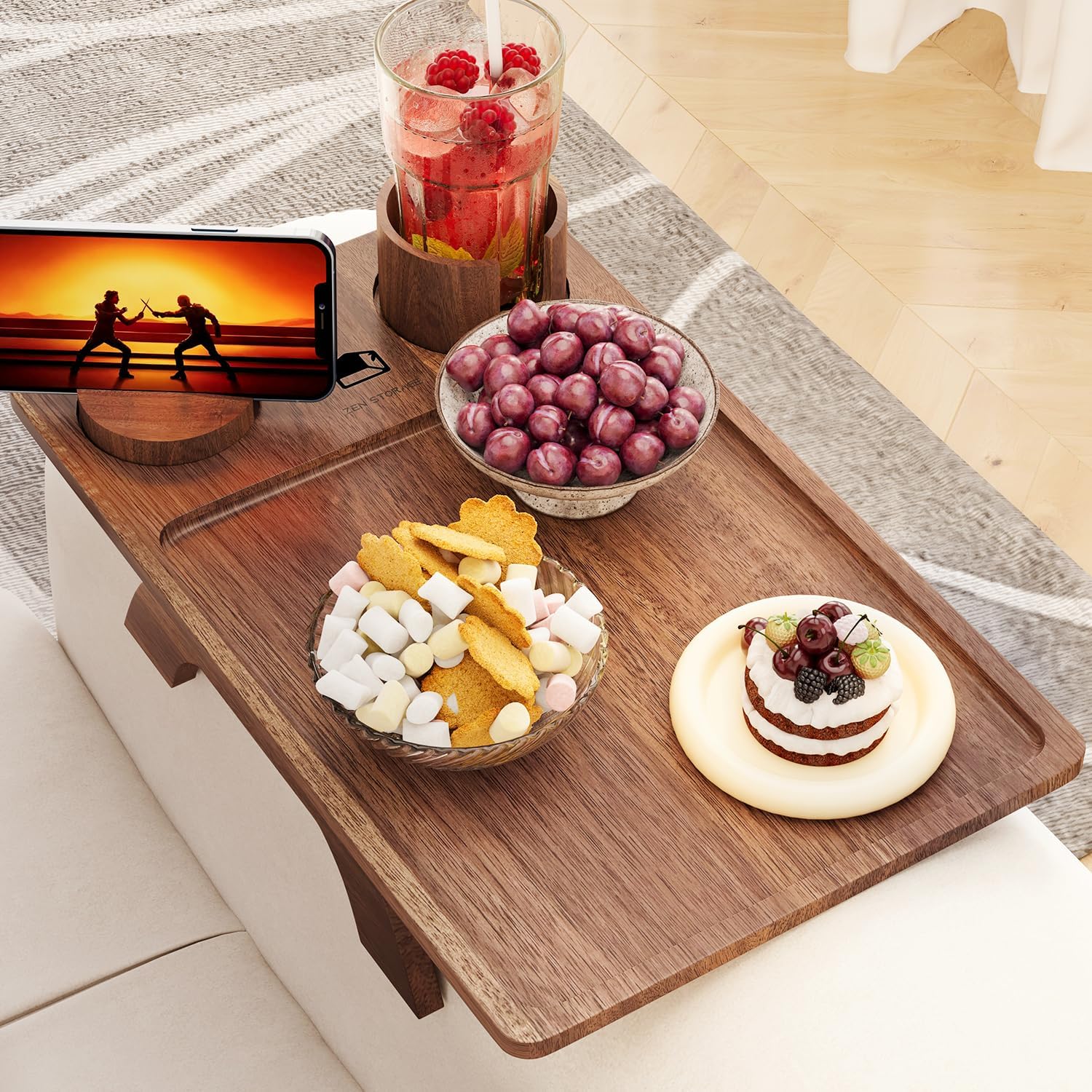 Acacia Wood Couch Arm Tray, 3-in-1 Sofa Armrest Table, Side Clip Wooden Table for Small Spaces with 360 Rotatable Cup Holder & Phone Stand, Armrest Table for Eating/Drinks/Snacks/Remote