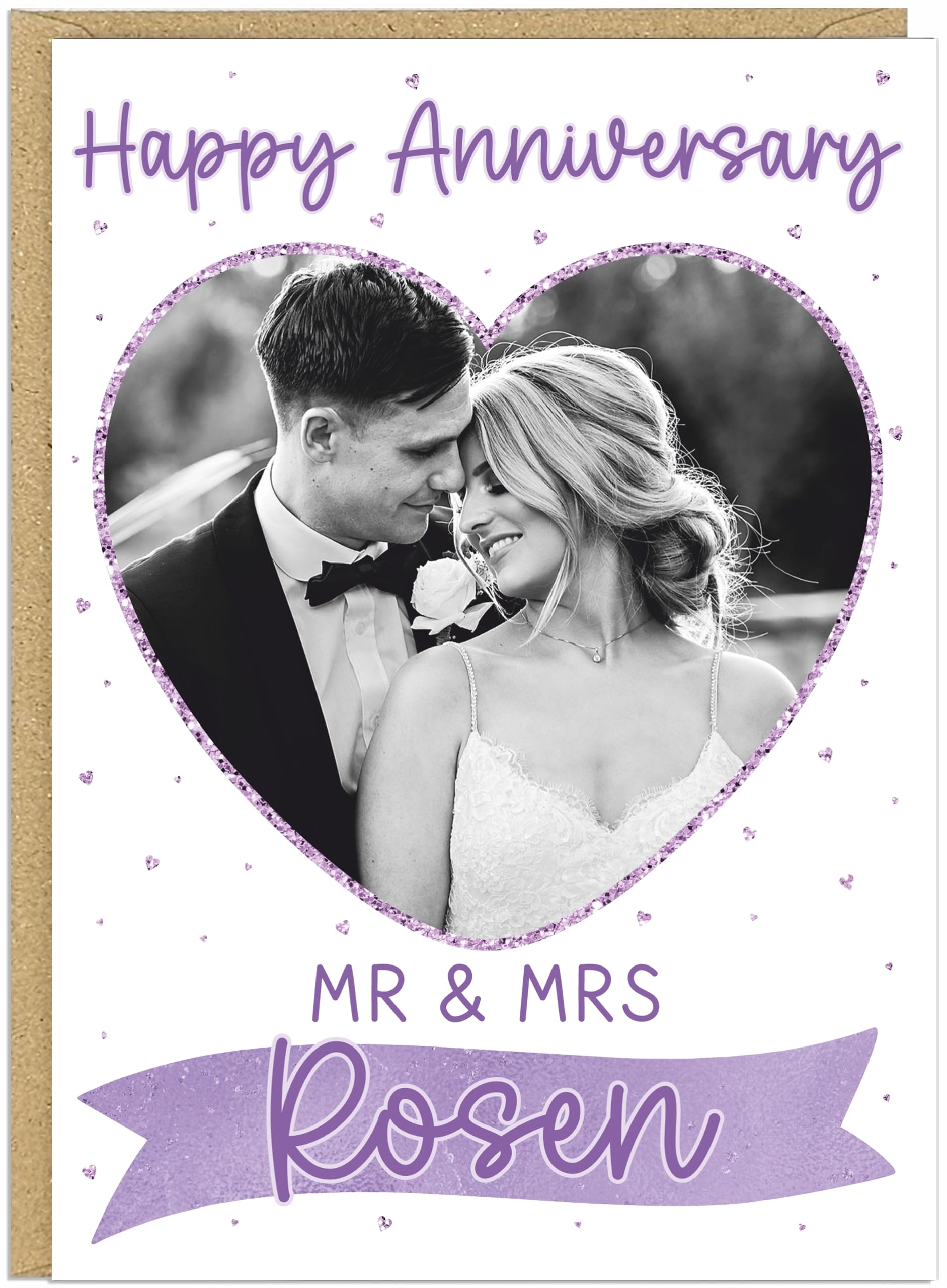 Happy Wedding Anniversary Personalised Cards Custom Mr & Mrs Surname Upload Own Photo Heart Frame Happy Anniversary Keepsake for Couples Husband Wife A5 (Purple)