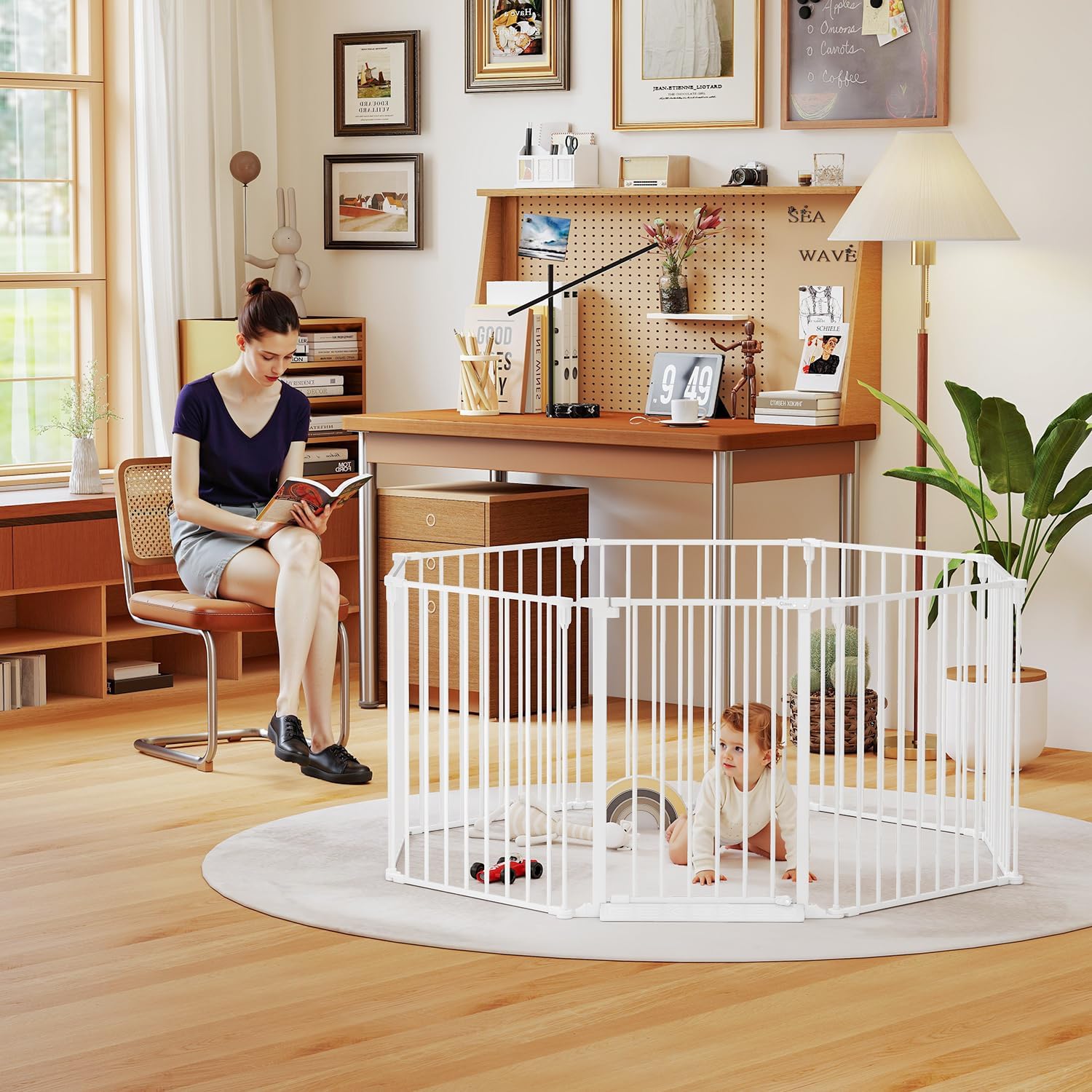 190" Extra Wide Baby Gate Playpen, Adjustable Baby Fence Play Yard, Long Dog Gates Indoor for Stair Doorway Fireplace, Large Child Gate for Toddler Kid Pet, Family Essentials Safty Gate, White
