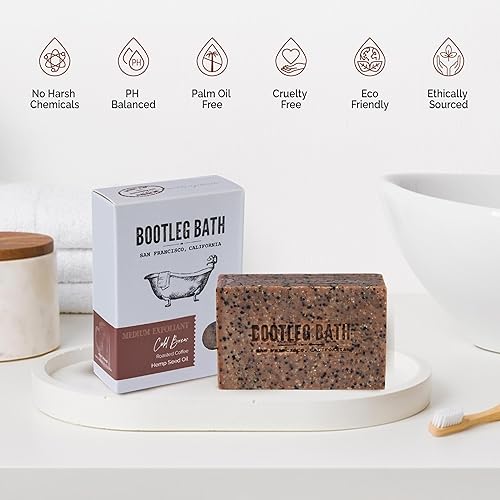 Miniatura 5 de BOOTLEG BATH Jabón en barra natural, barra de exfoliante en frío, aceite de semilla de cáñamo y café, jabón corporal exfoliante natural para hombres