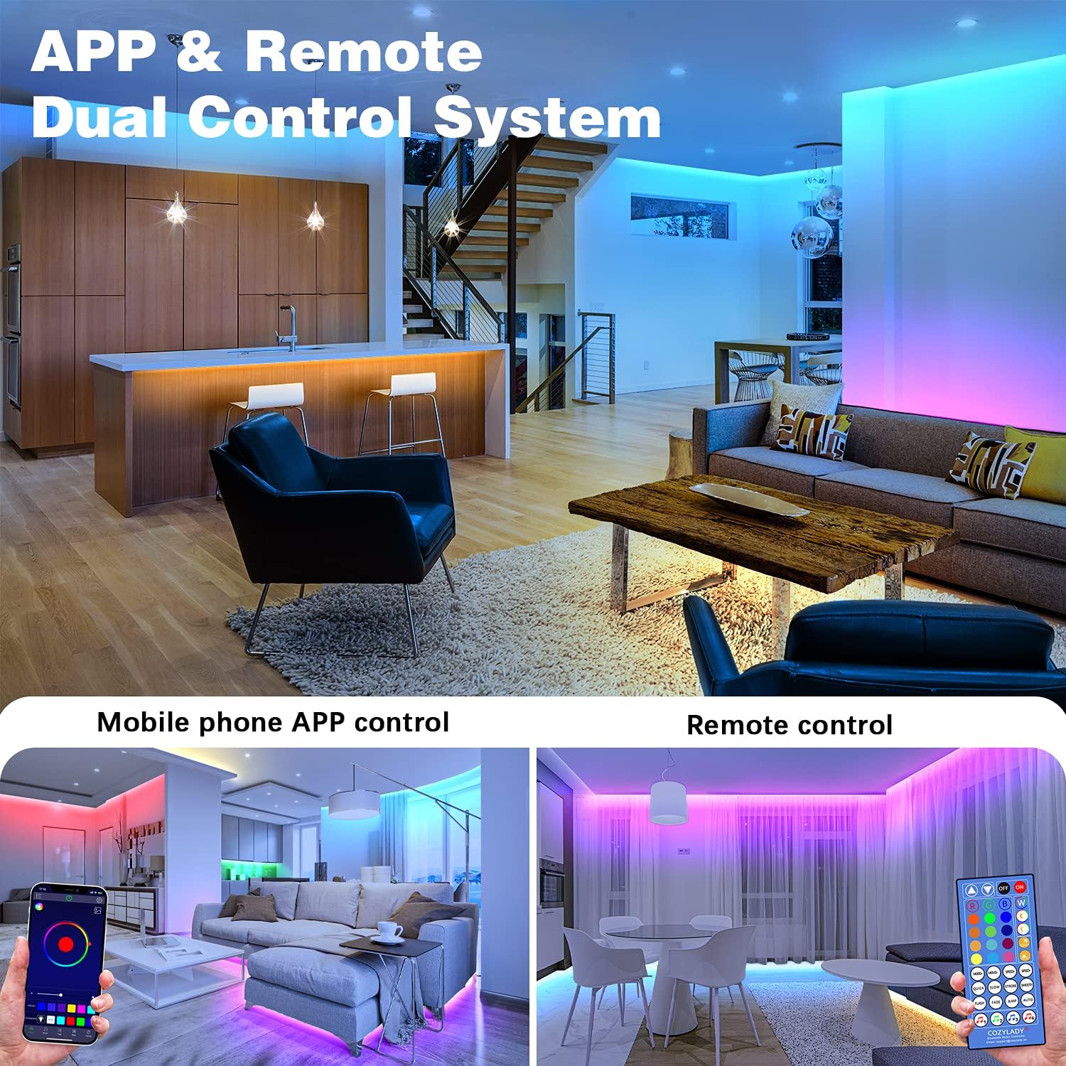 Cozylady Smart Bluetooth LED Lights 65.6 FT, APP Controlled LED Light Strips - RGB Music Sync Color Changing String Lights, Bluetooth LED Lights for Bedroom Decor, Children's Room Decorations