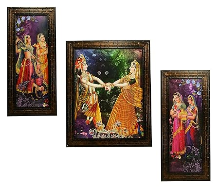 Indianara 3 PC Set of Radha Krishna Art Paintings (1136) Without Glass 5.2 X 12.5, 9.5 X 12.5, 5.2 X 12.5 INCH