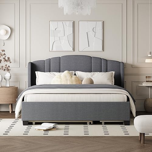 Miniatura 20 de Elegante cama con plataforma tapizada de terciopelo de tamaño Queen con cabecero, para niños, niñas y adolescentes (beige @cabecero/, Queen)