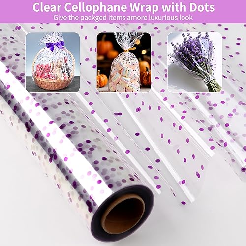 Miniatura 10 de CMFYHM Rollo transparente de celofán 34 x 120 pies rollo de celofán de lunares rojos de 3 mil rollo de celofán rollo de envoltura de regalo