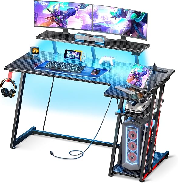 MOTPK Gaming Desk with LED Lights & Power Outlets