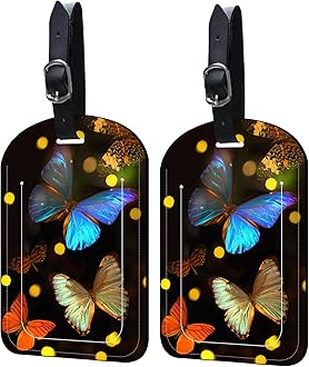Neidius 2 Pack Luggage Tags Tropical Butterflies PU Leather