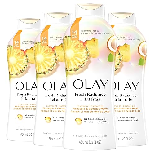 Olay Fresh Outlast Gel de baño sin parabenos con notas rejuvenecedoras de piña y agua de coco, 22 onzas líquidas, paquete de 4